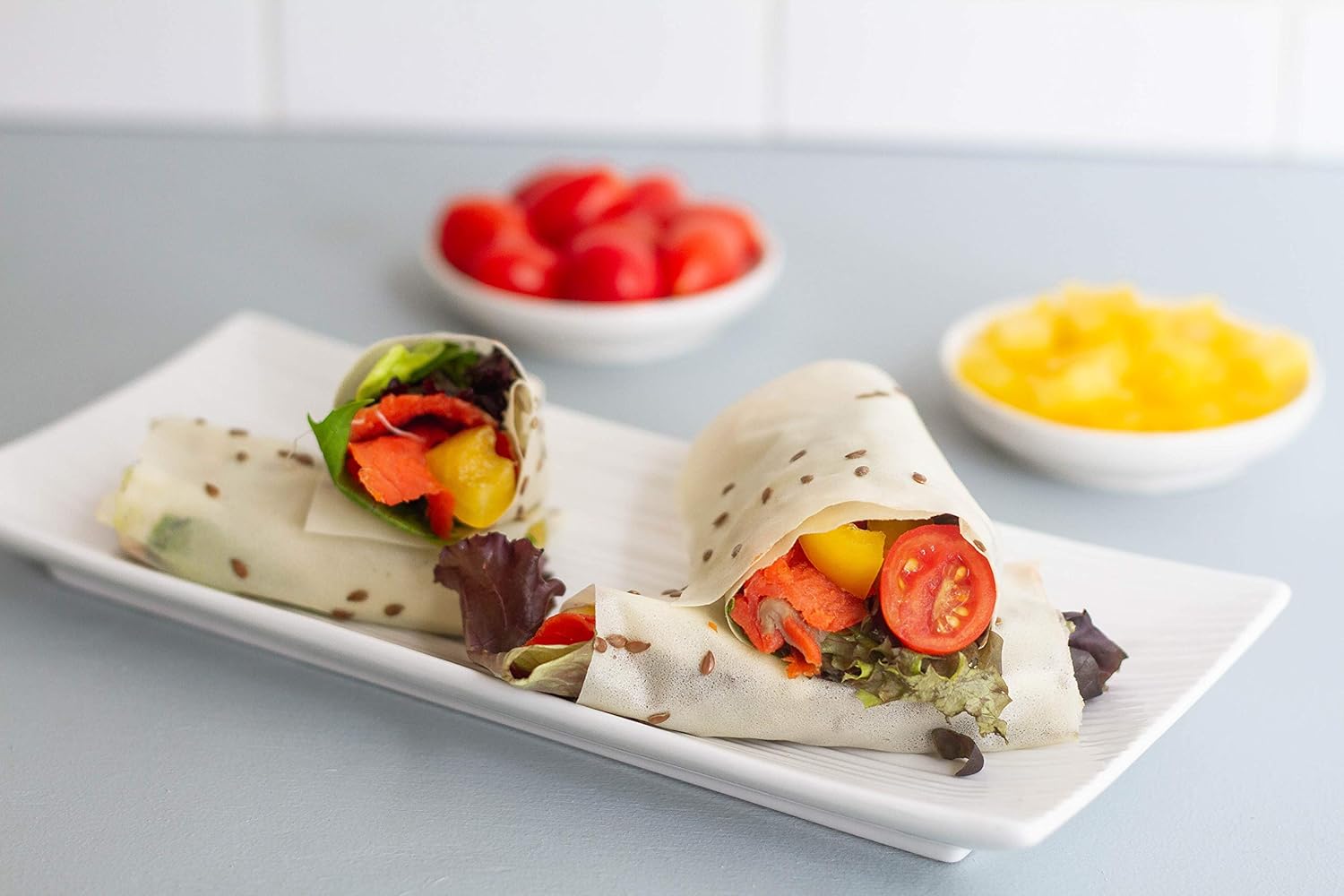 Norigami Envolturas de huevo con proteína de soja, semillas de lino. Altas proteínas, bajas en carbohidratos, vegetarianas. Envolturas finas y