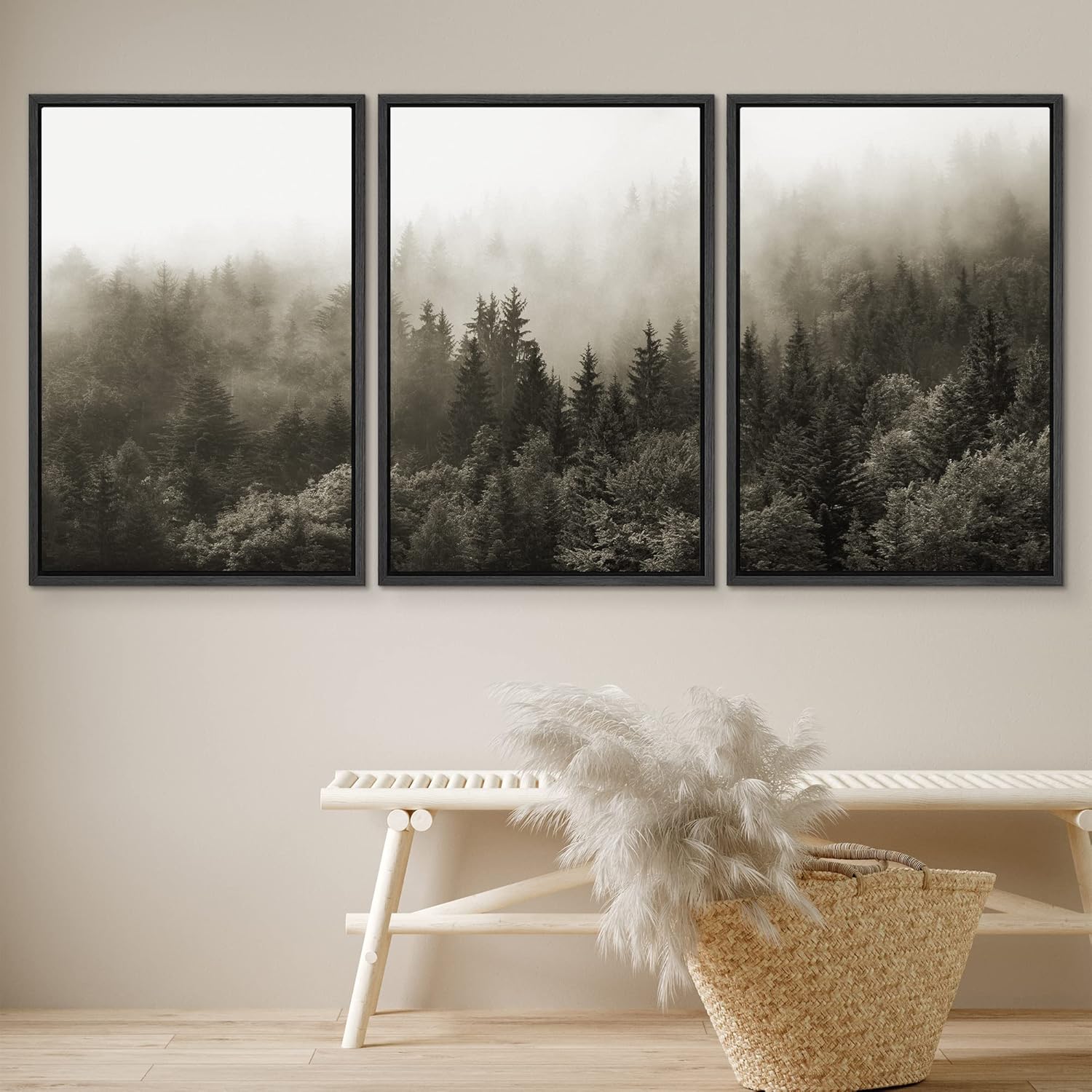 SIGNWIN Lienzo enmarcado para pared, juego de decoración de guardería de bosques, niebla y niebla sobre bosque de pinos azules, naturaleza, arte