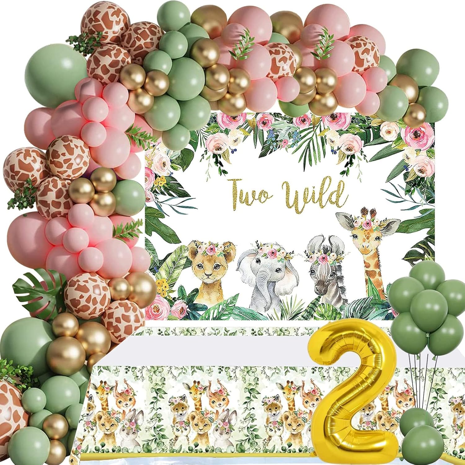 Dos decoraciones de cumpleaños salvajes para niñas 150 piezas de suministros para fiesta de segundo cumpleaños, arco de globos de safari en la
