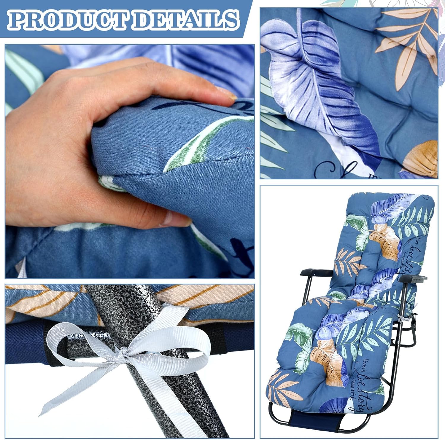 2 cojines para tumbona para exteriores, 67 x 21 pulgadas, para patio, con estampado floral, almohadillas gruesas de repuesto para muebles de