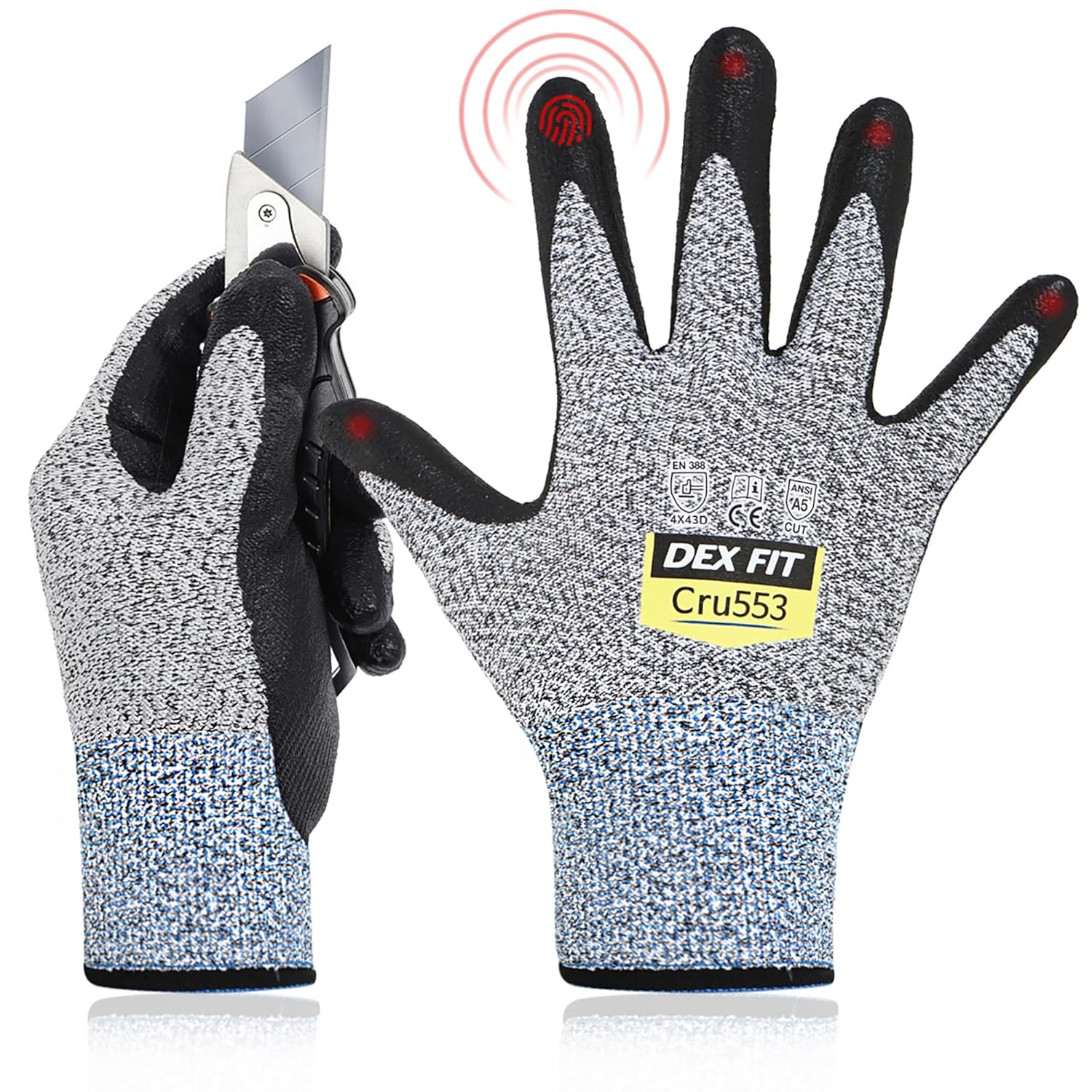 DEX FIT Cru553 – Guantes resistentes a cortes nivel 5, ajuste cómodo 3D, agarre firme, delgados, ligeros, compatibles con pantalla táctil y lavables