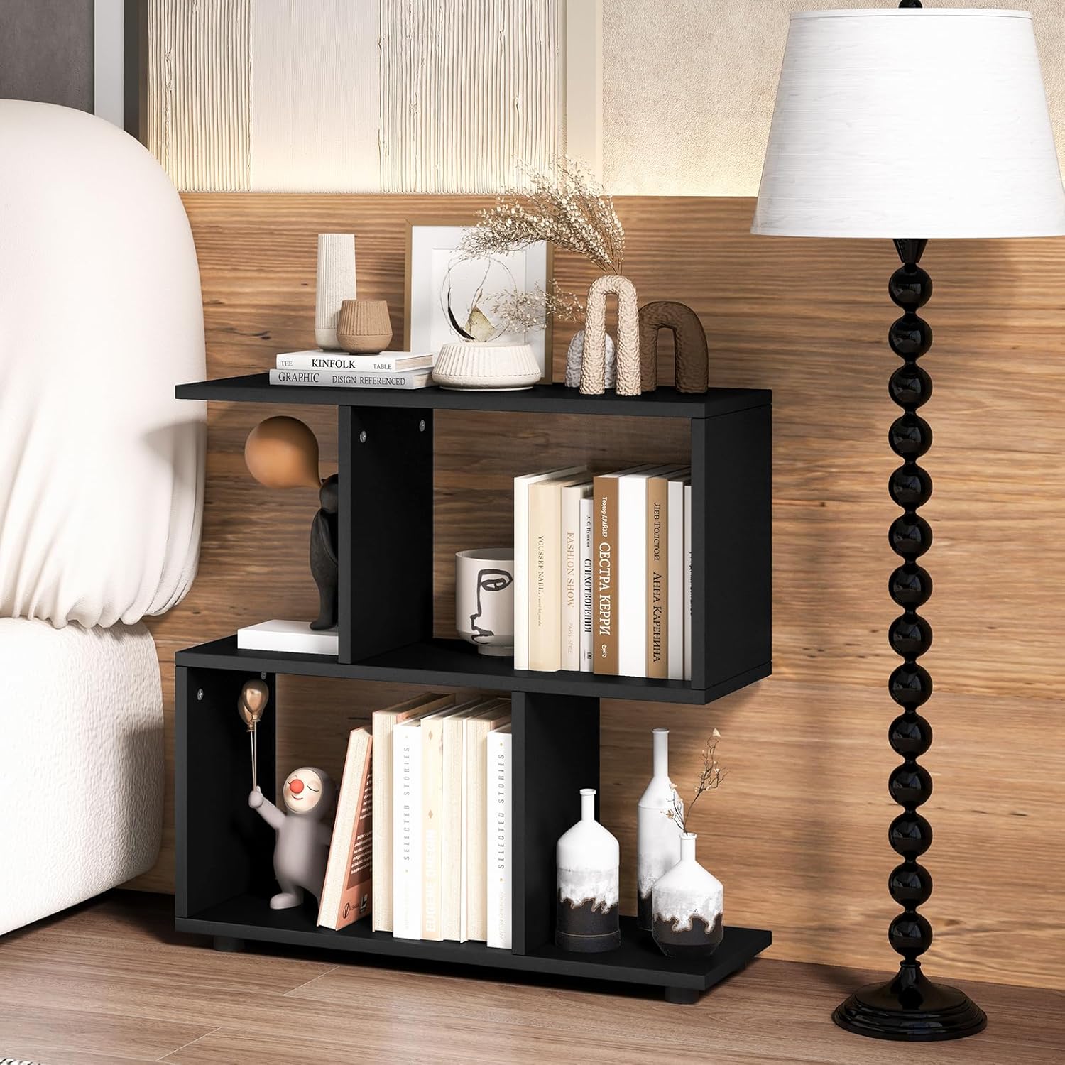Giantex Juego de 2 estanterías geométricas de 3 niveles, estantes de exhibición de madera en forma de S de 24 pulgadas de alto con almohadillas