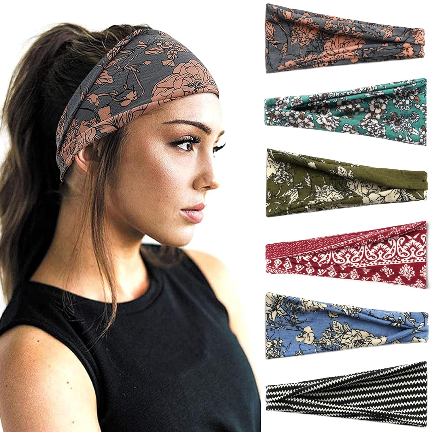 Diademas bohemias a la moda, bandas antideslizantes para el cabello, con estampado floral, turbante, de tela suave, bandas para el sudor, yoga,