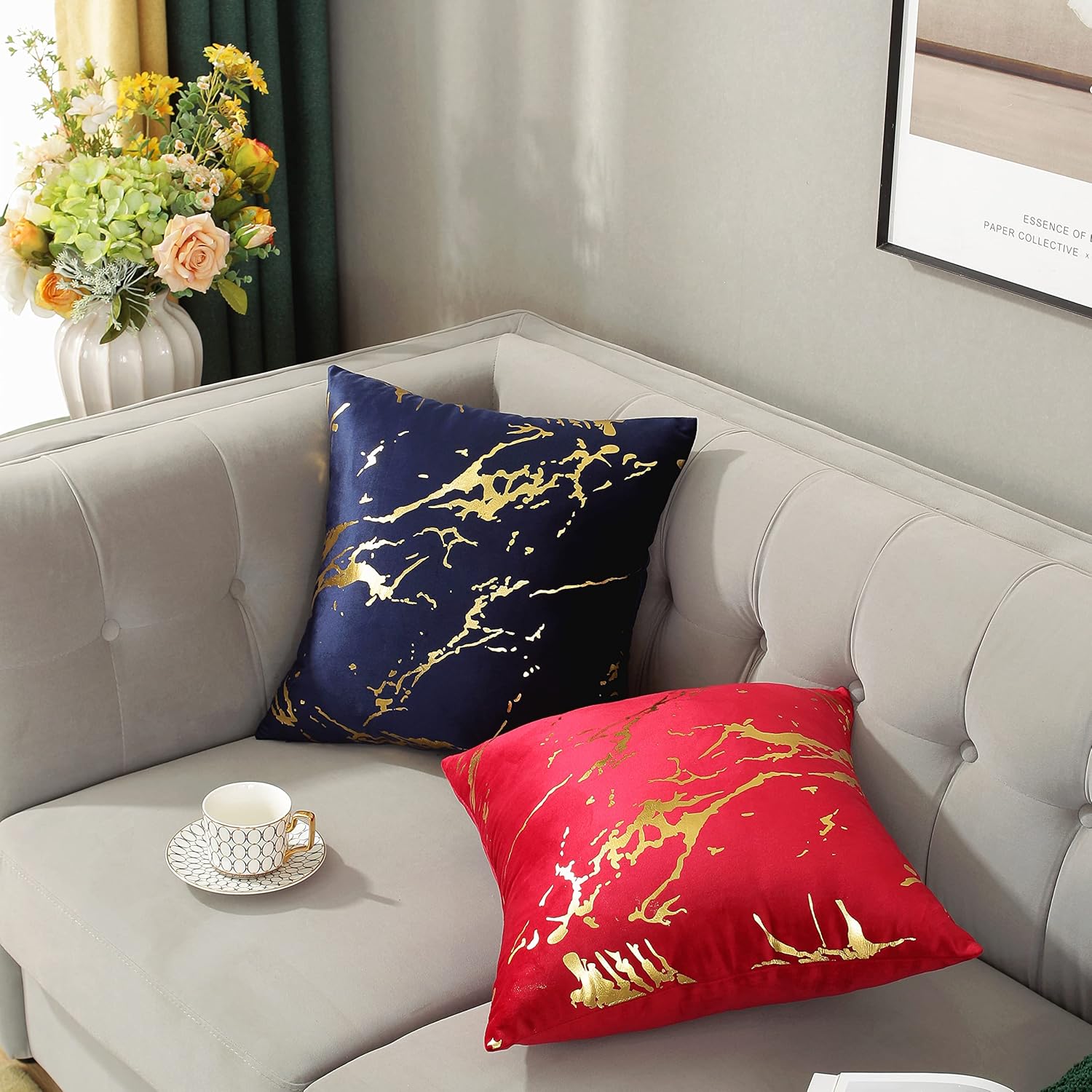 Juego de 2 fundas de cojín suaves de terciopelo con estampado geométrico de mármol y líneas de bronce geométrico para sofá, cama, decoración del
