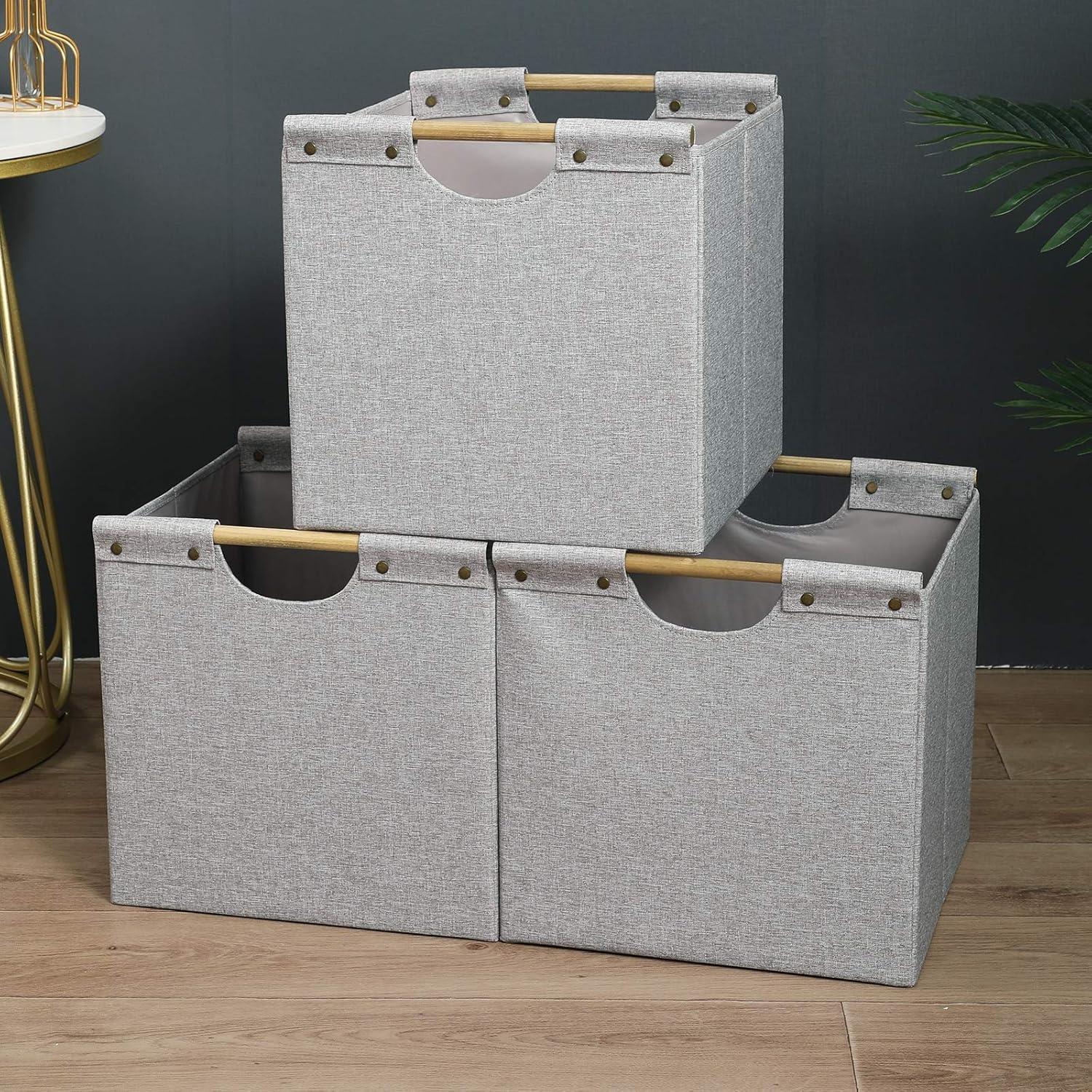 HOONEX Contenedores de almacenamiento plegables, cubos de almacenamiento de tela de lino de 12 x 12 x 12 pulgadas, paquete de 3, cestas de