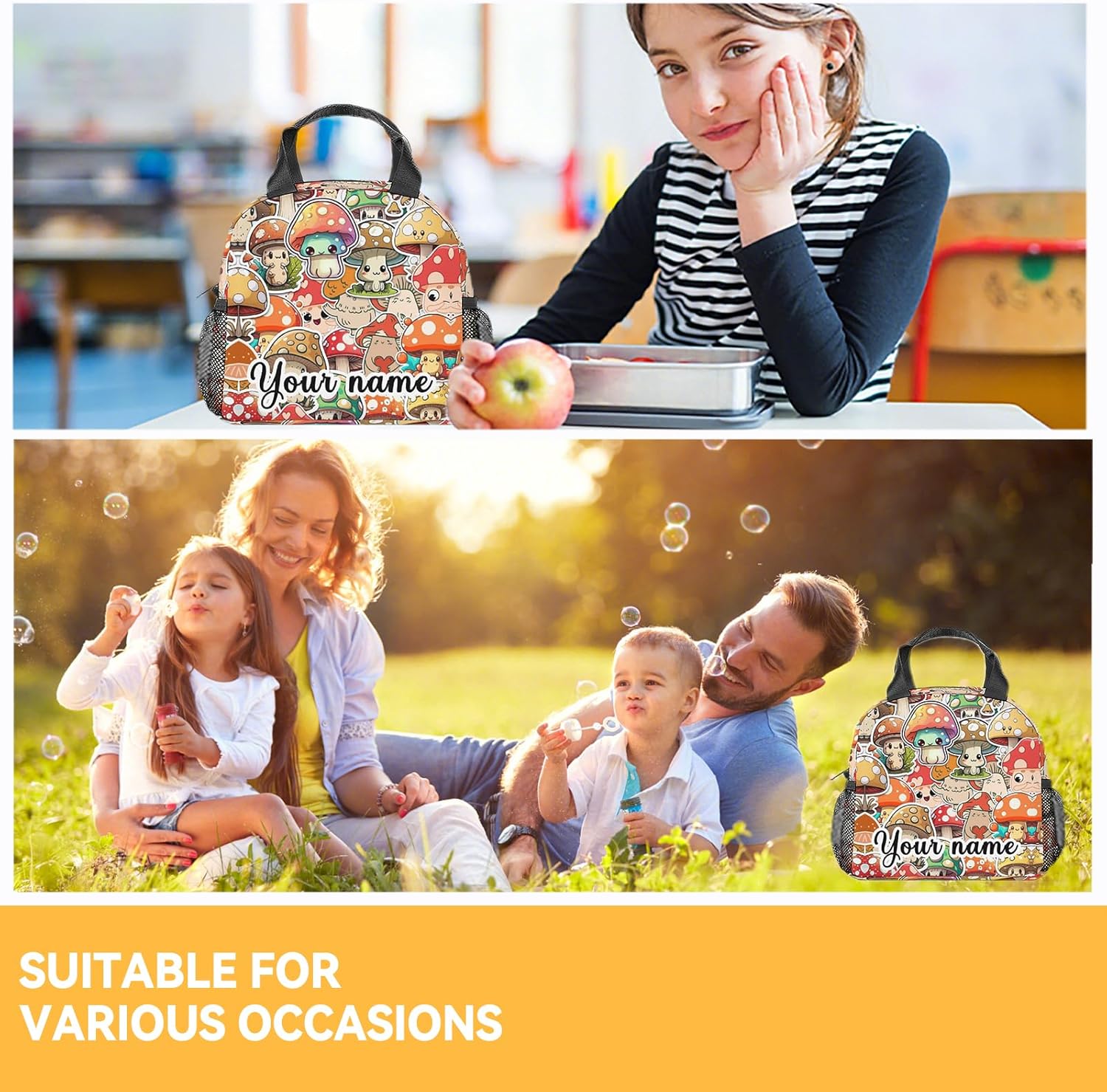 COOPASIA Lonchera personalizada de hongos para niños, lonchera aislada para niñas y niños, coloridas bolsas de almuerzo reutilizables, pequeña con