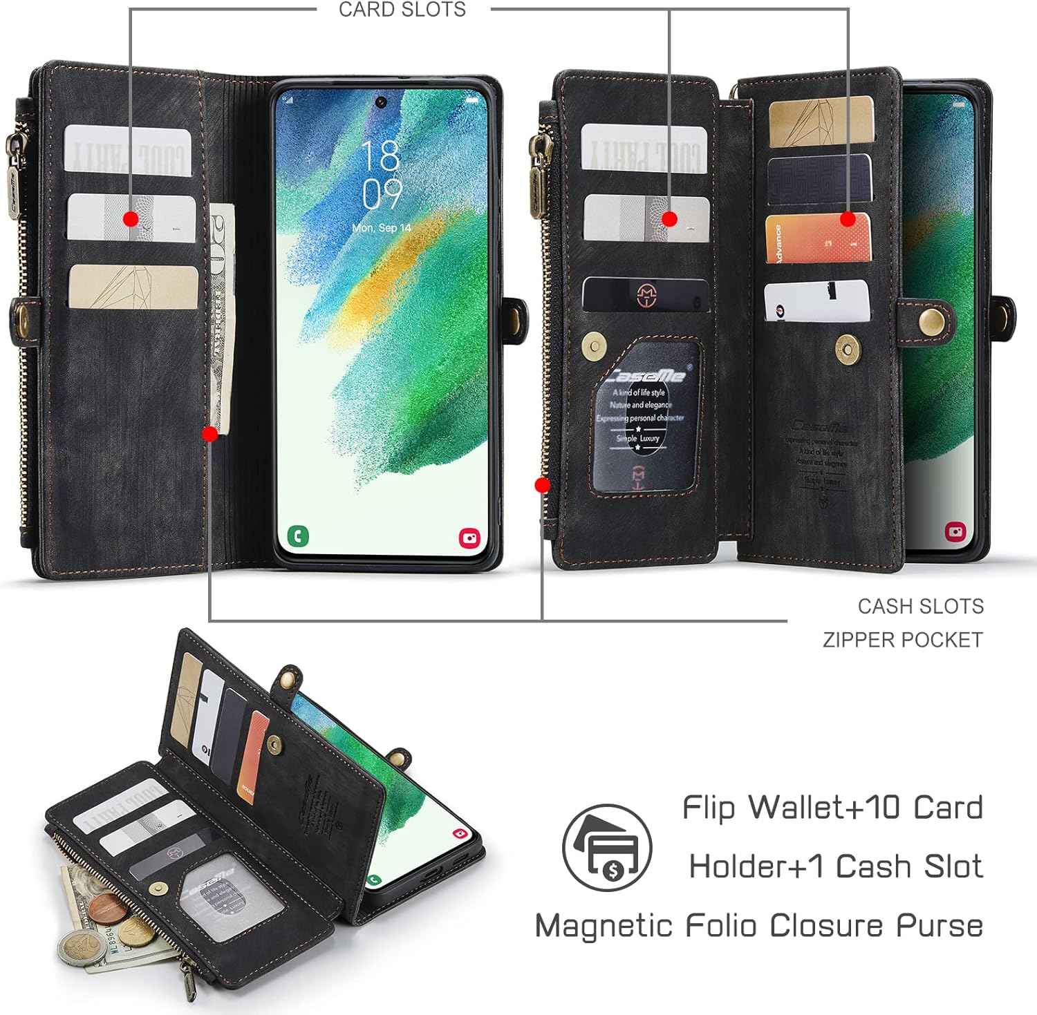 Defencase Funda para Samsung Galaxy S21 FE, para Galaxy S21 FE 5G, cartera para mujeres y hombres, correa magnética de piel sintética duradera, con