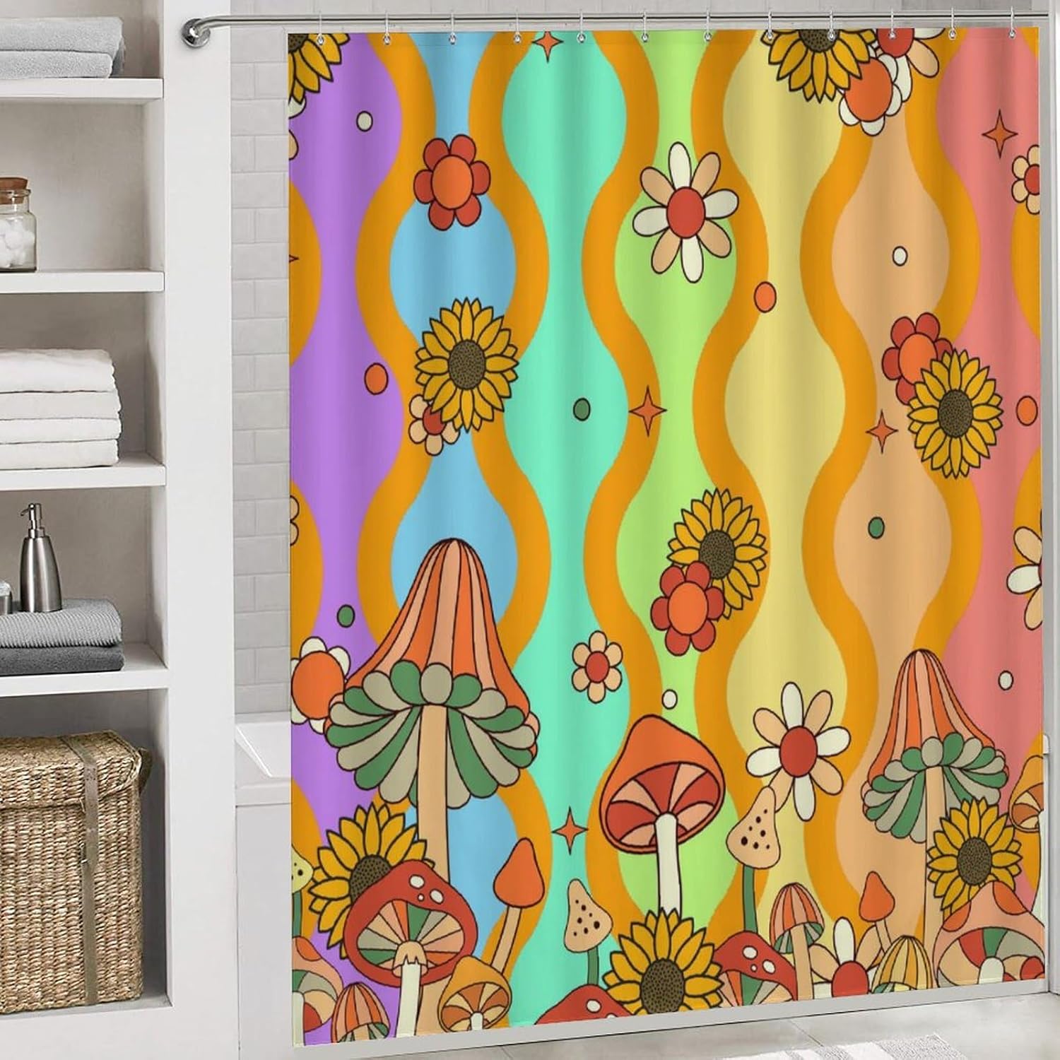Brebasf – Juego de 4 cortinas de ducha impermeables con diseño de hongos bohemios y retro, diseño de girasol, diseño de hongos florales, con