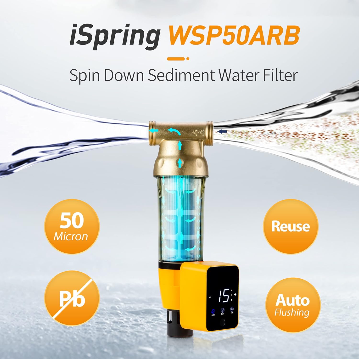 iSpring Sistema de filtro de agua para toda la casa y filtro de agua de sedimentos giratorio WSP50ARB, reutilizable con módulo de descarga