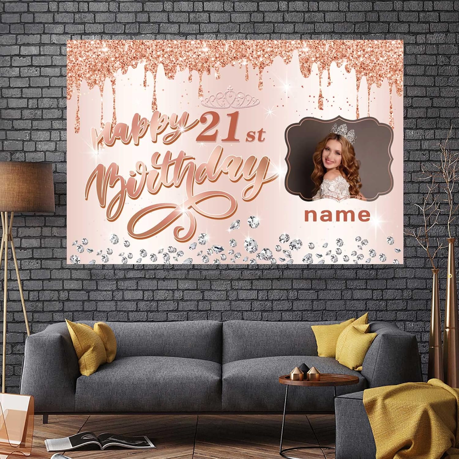 Cartel personalizado de decoración de cumpleaños número 21 con tema de oro rosa – Cartel de tela personalizado para suministros de fiesta de