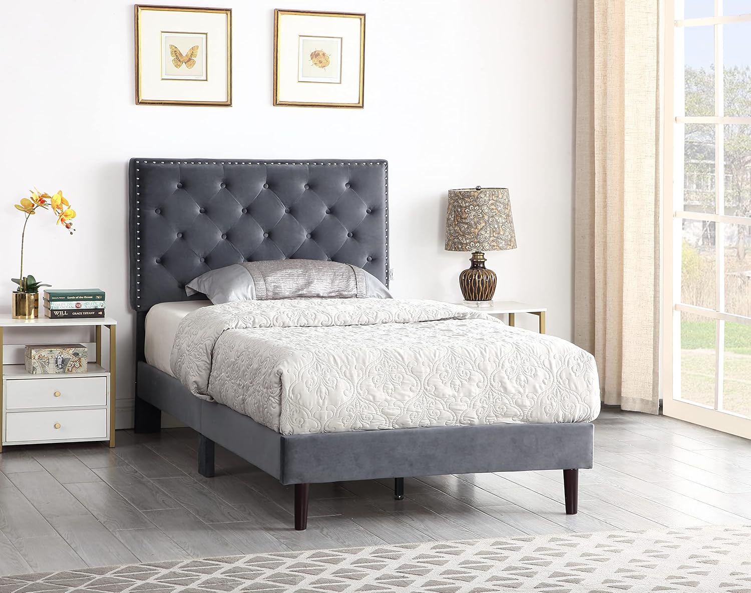 Base de cama de plataforma tapizada individual con cabecero ajustable de 48 pulgadas de alto, cama de terciopelo de gamuza copetuda con botones,