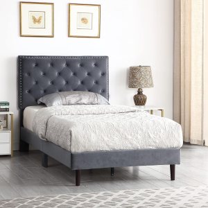 Base de cama de plataforma tapizada individual con cabecero ajustable de 48 pulgadas de alto, cama de terciopelo de gamuza copetuda con botones, Base de cama de plataforma tapizada individual con cabecero ajustable de 48 pulgadas de alto, cama de terciopelo de gamuza copetuda con botones,