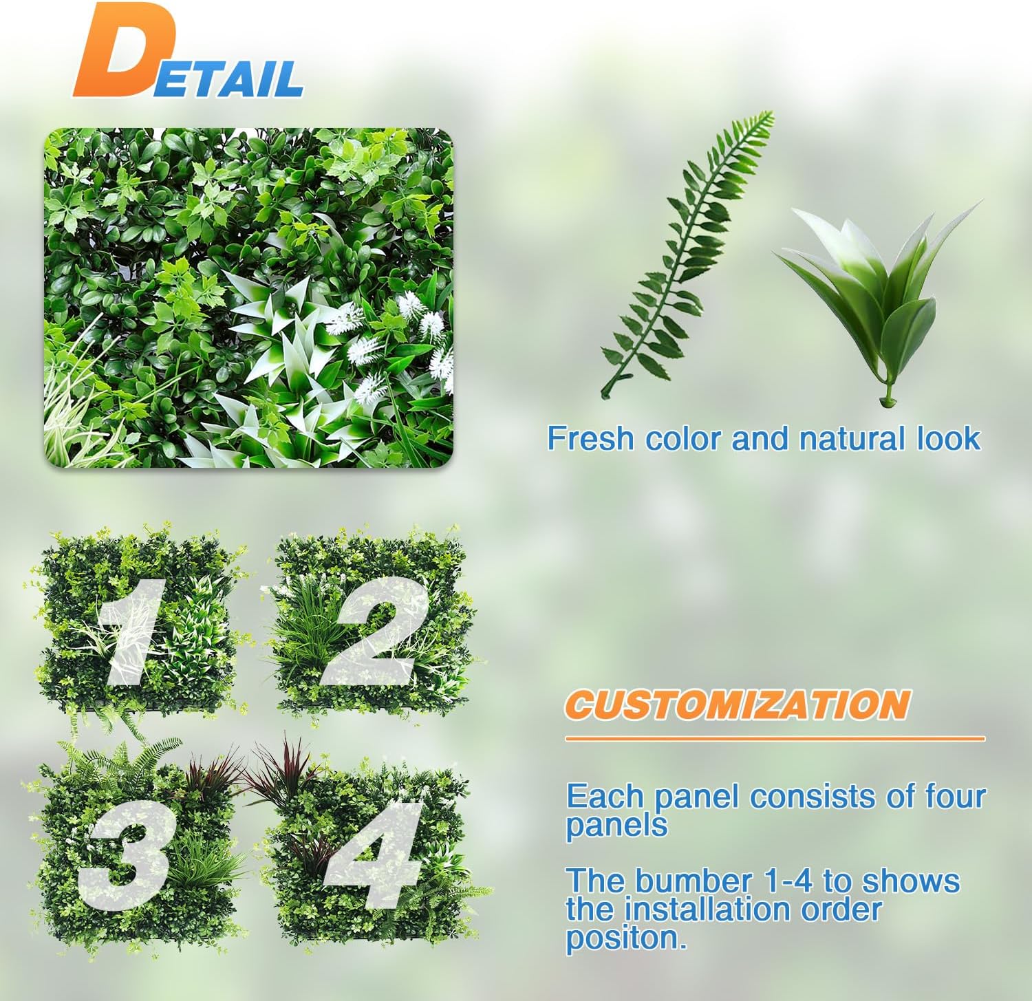 TANG 1 panel de plantas artificiales 3D mezcladas de 40 x 40 pulgadas, estilo 5 telón de fondo de boda, paneles de pared de hierba perenne, pared de