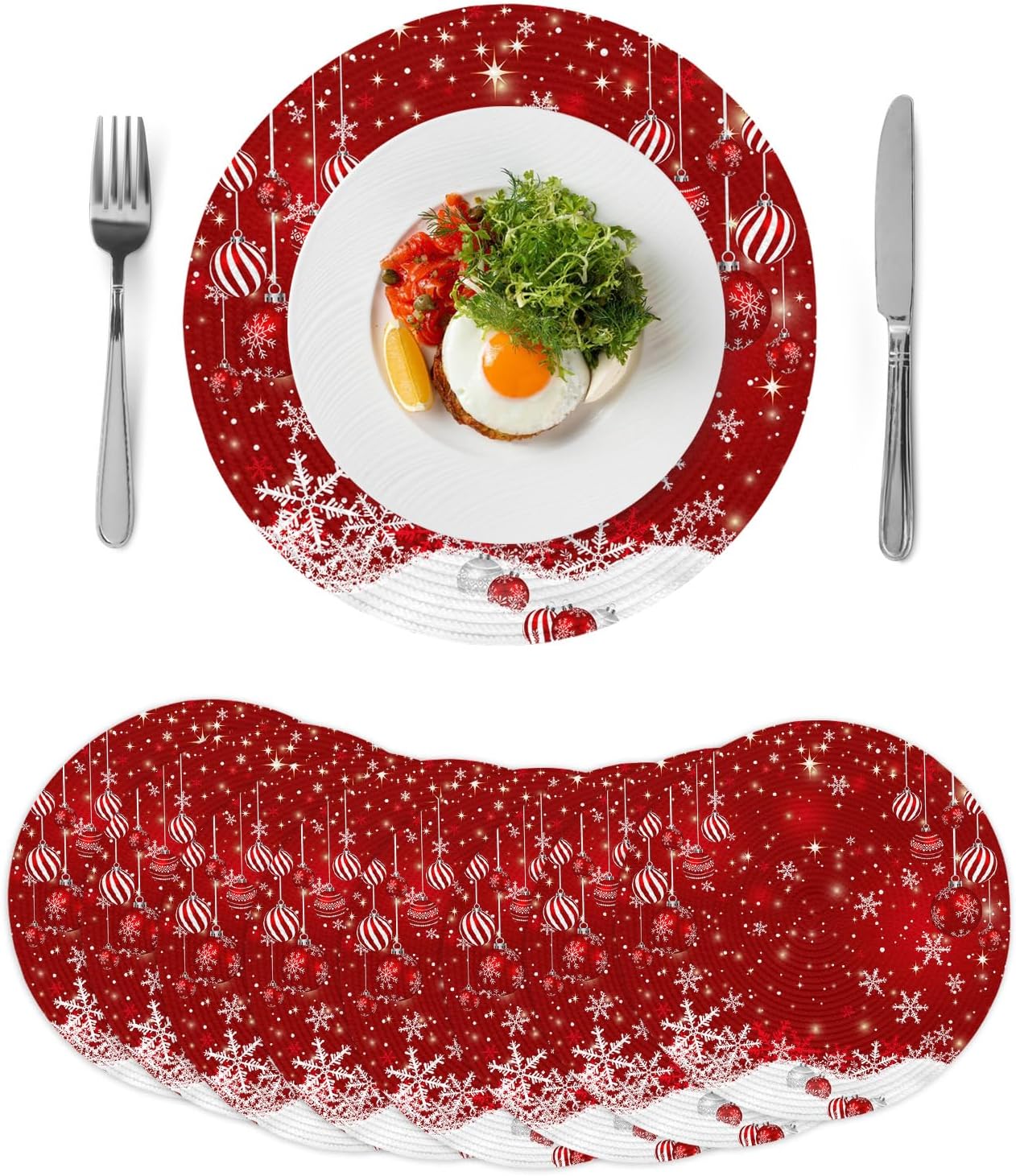 Juego de 8 manteles individuales redondos de Navidad, diseño de copos de nieve, lavables, trenzados, redondos, para mesas de comedor, decoración de