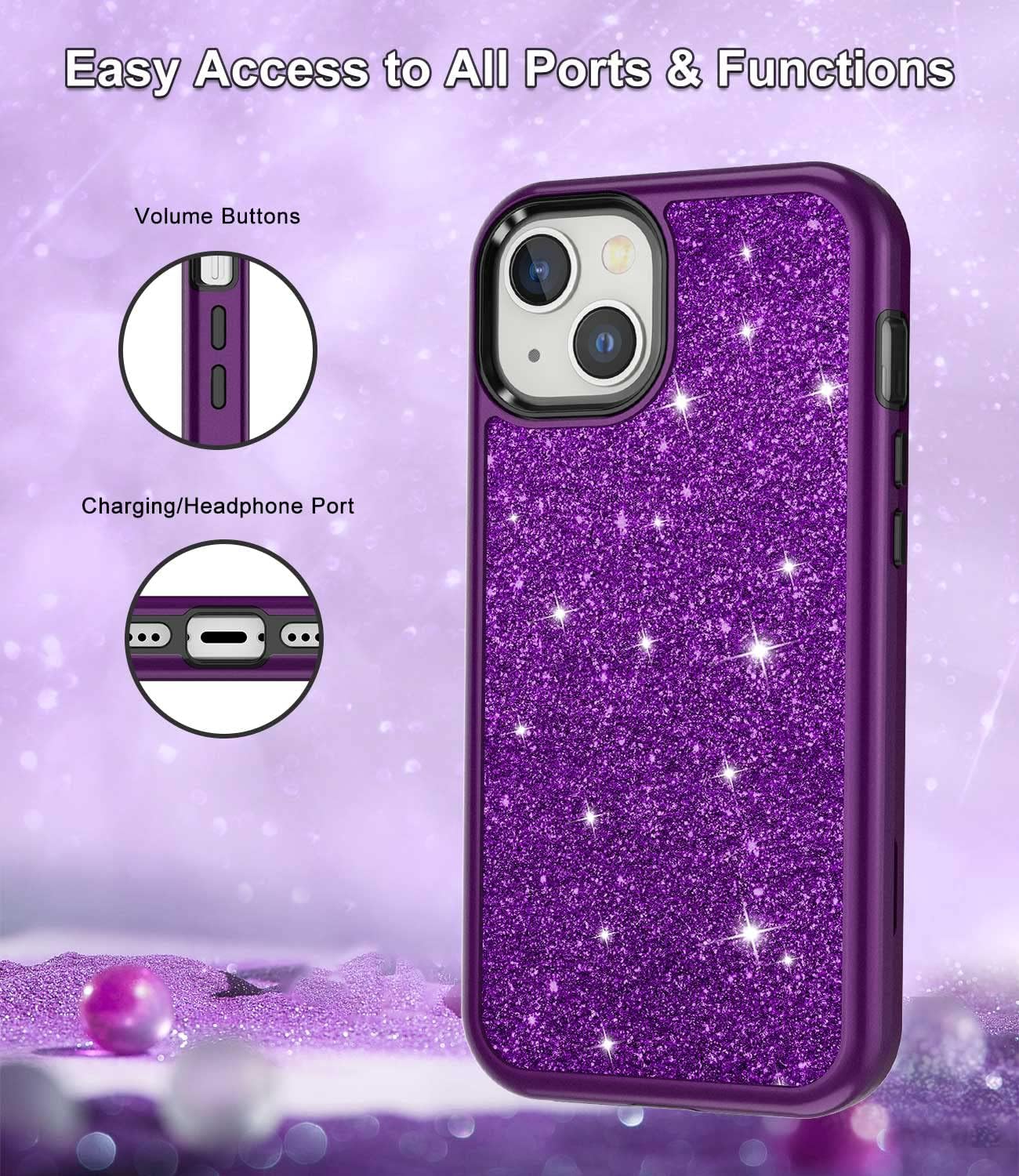 CASEFIV Funda de mármol para iPhone 13, 3 en 1, resistente a los golpes, policarbonato duro y silicona, 6.1 pulgadas, purpurina púrpura oscuro