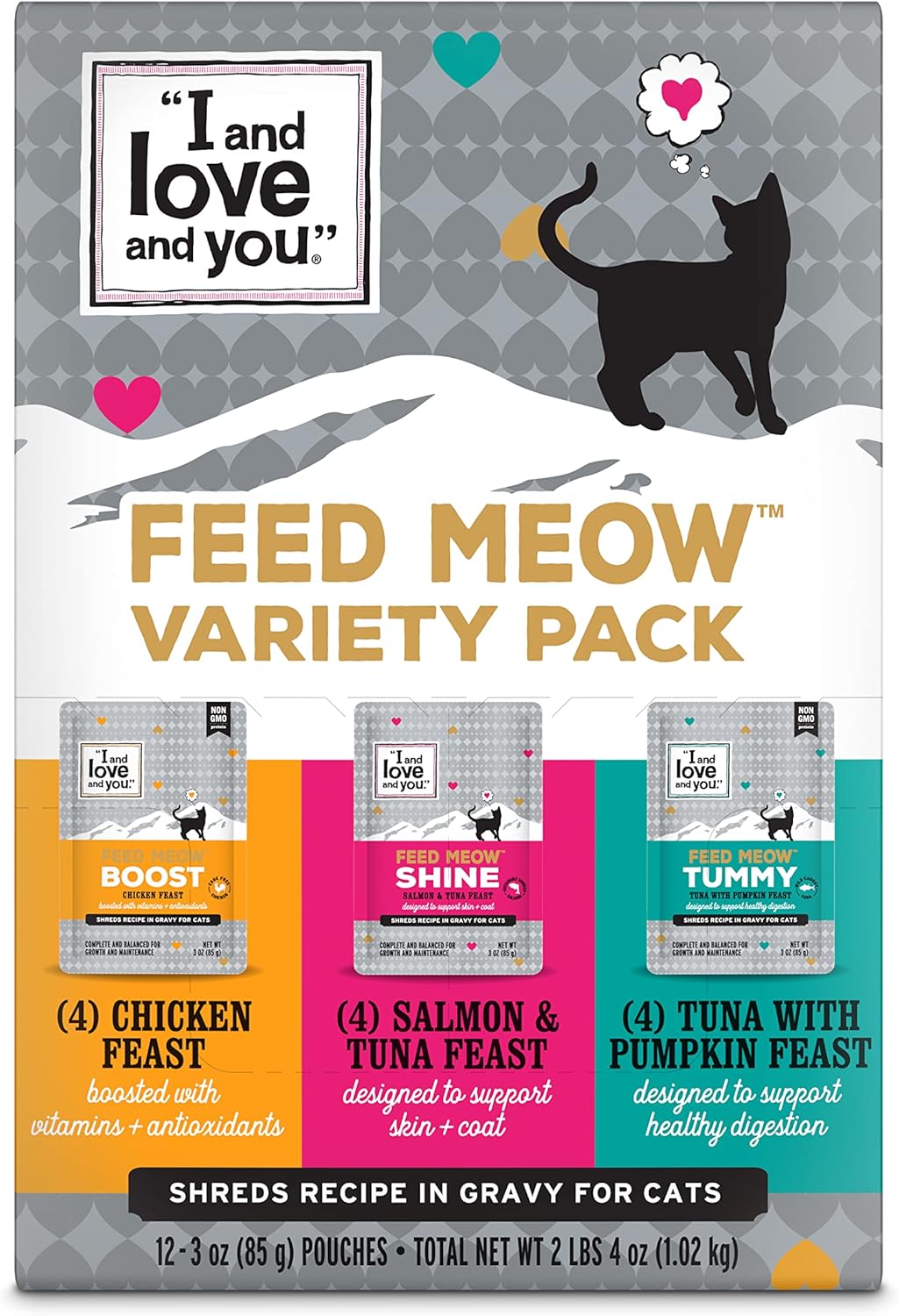 “I and love and you” Feed Meow Wet Cat Food Toppers, Variety Pack (Tummy, Boost, and Shine), Grain Free, No Fillers, 3oz Pouches, Pack of 12 Pouches