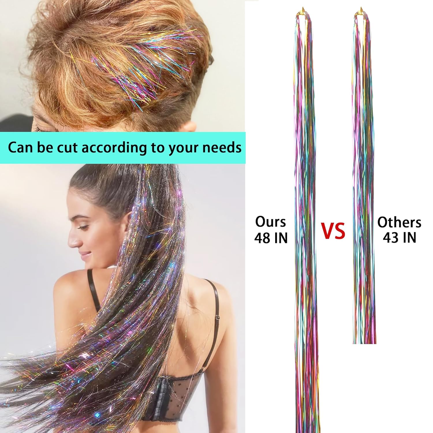 NIACONN Kit de oropel de 18 colores, 48 pulgadas, 3600 hebras de extensiones de cabello de oropel con purpurina para niñas y mujeres, Navidad, Año