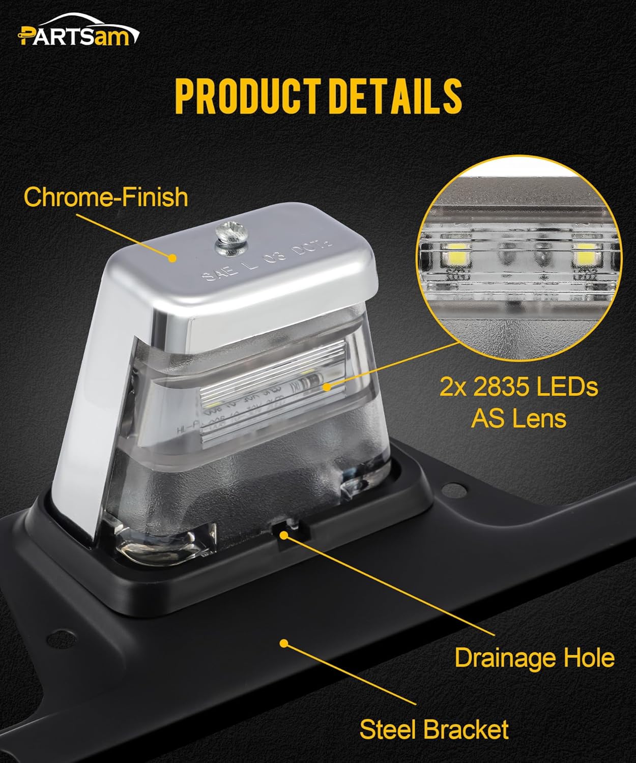 Partsam Luz LED para matrícula, cromada, impermeable, 12 V CC, con soporte, orificio de drenaje, soporte de acero, carcasa de ABS, lente como lente