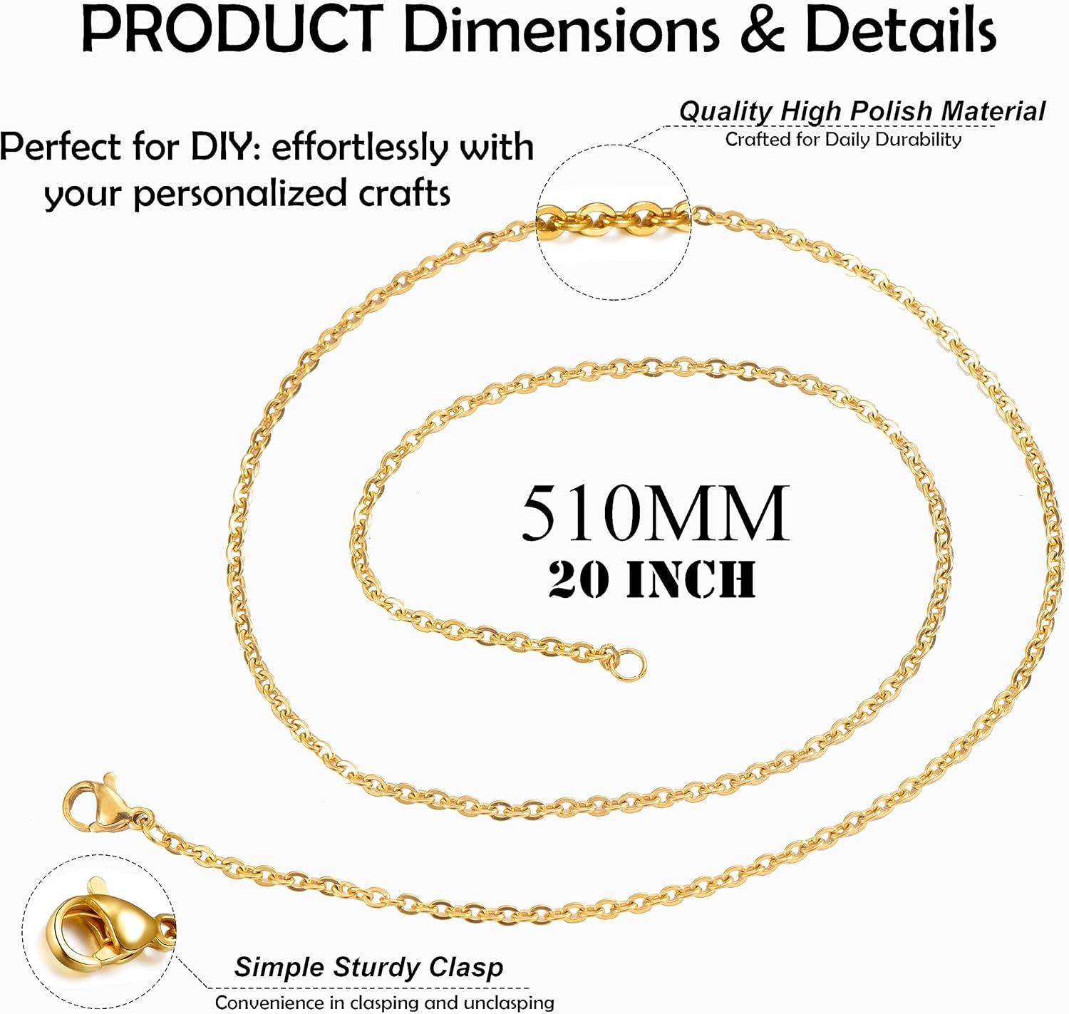 Paquete de 24 cadenas de collar chapadas en oro de acero inoxidable a granel para fabricación de joyas, 20 pulgadas