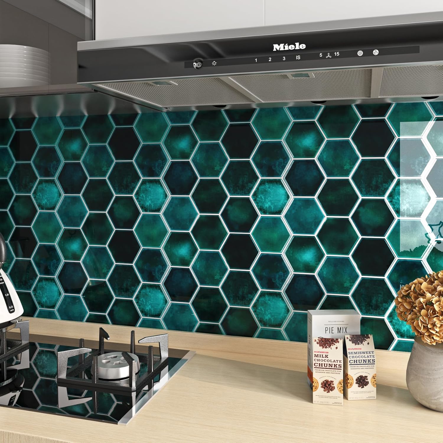 FunStick 15 azulejos de azulejos de color verde esmeralda, despegar y pegar, para cocina, baño, 12 x 12 pulgadas, hexagonales, para salpicaduras,