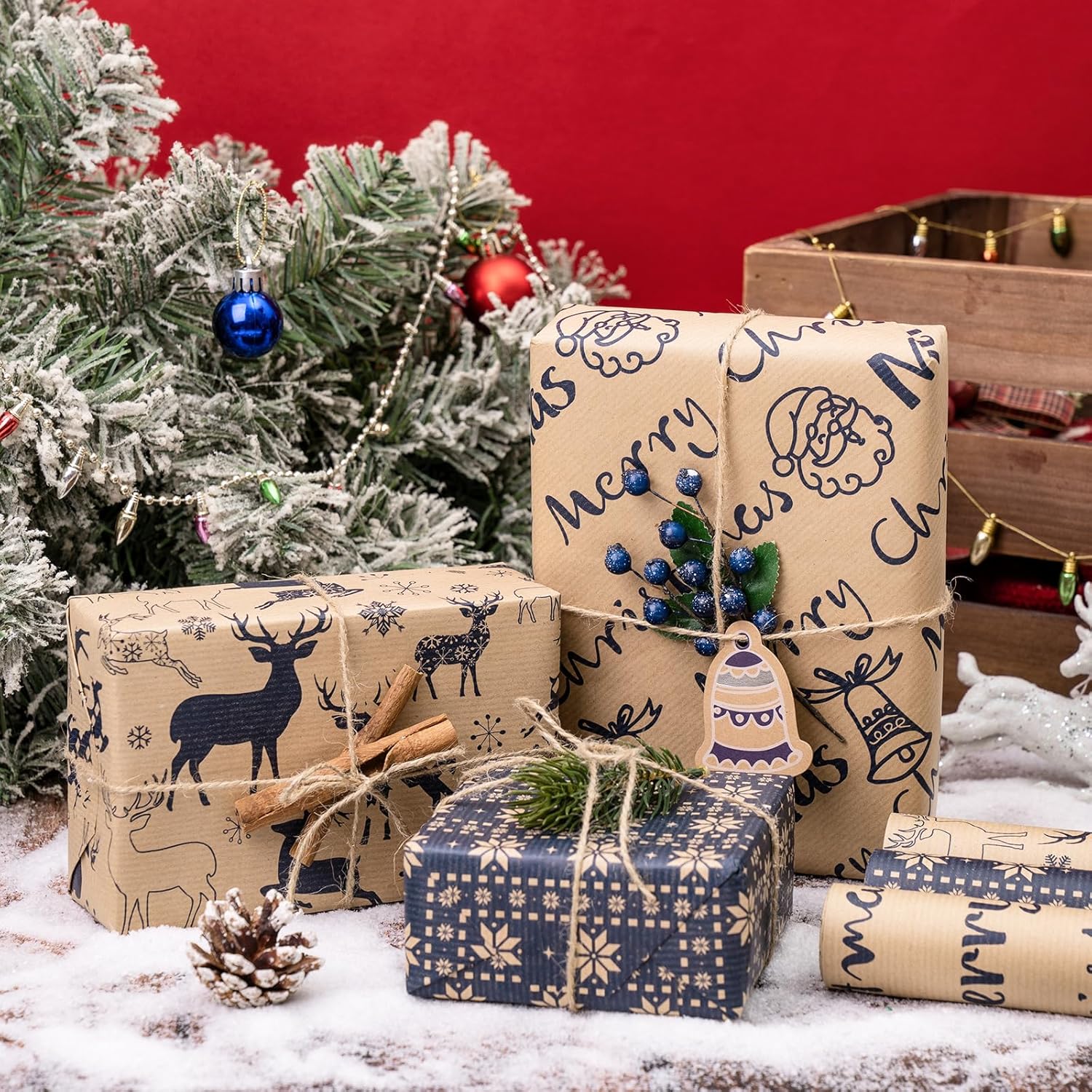 RUSPEPA Rollos de papel de regalo de Navidad  Mini rollo  17 pulgadas x 10 pies por rollo, total de 3 rollos  reno y copo de nieve