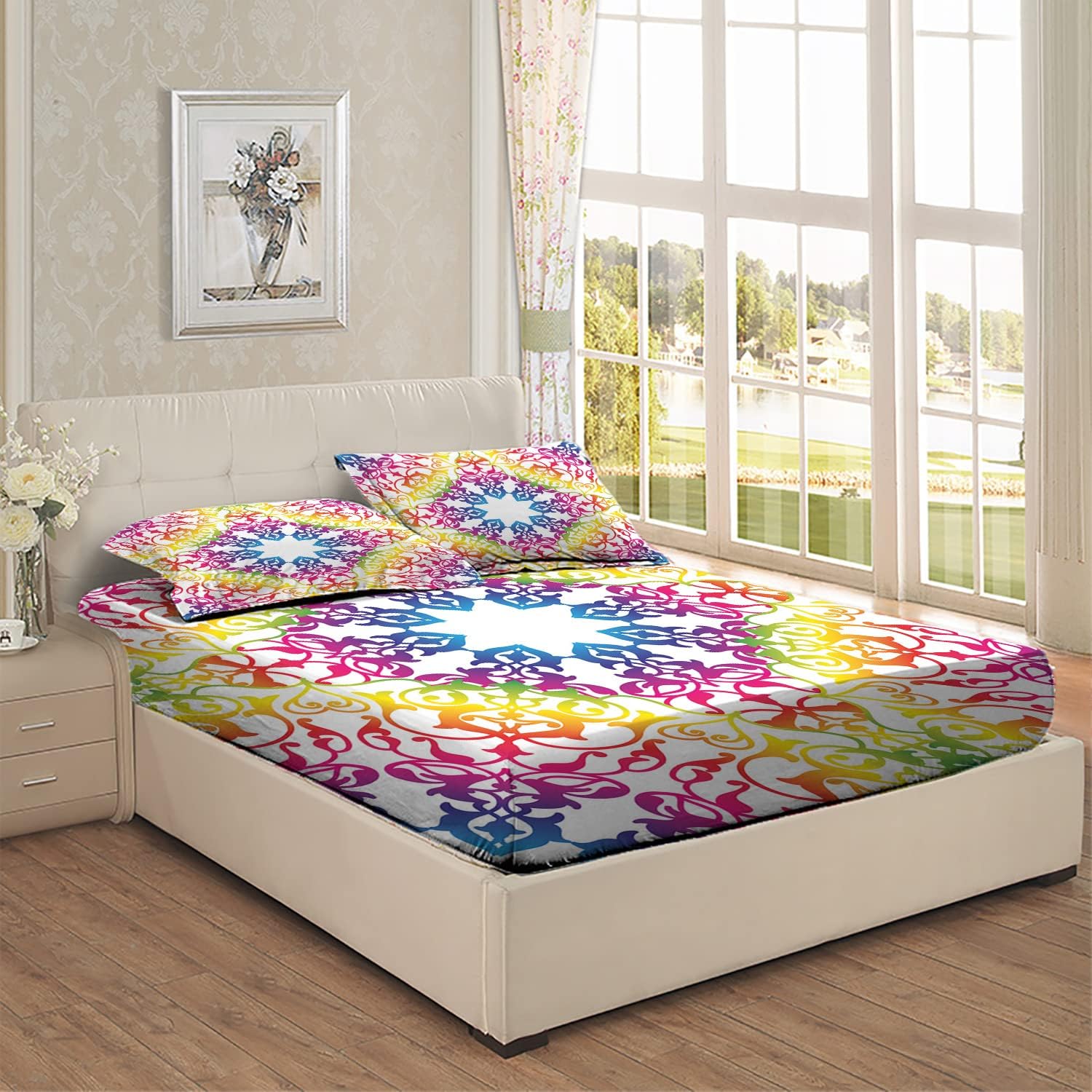 Sábana bajera de 3 piezas con temática retro, diseño abstracto de hiedra con remolinos de encaje, juego de cama decorativo de 3 piezas, bolsillo