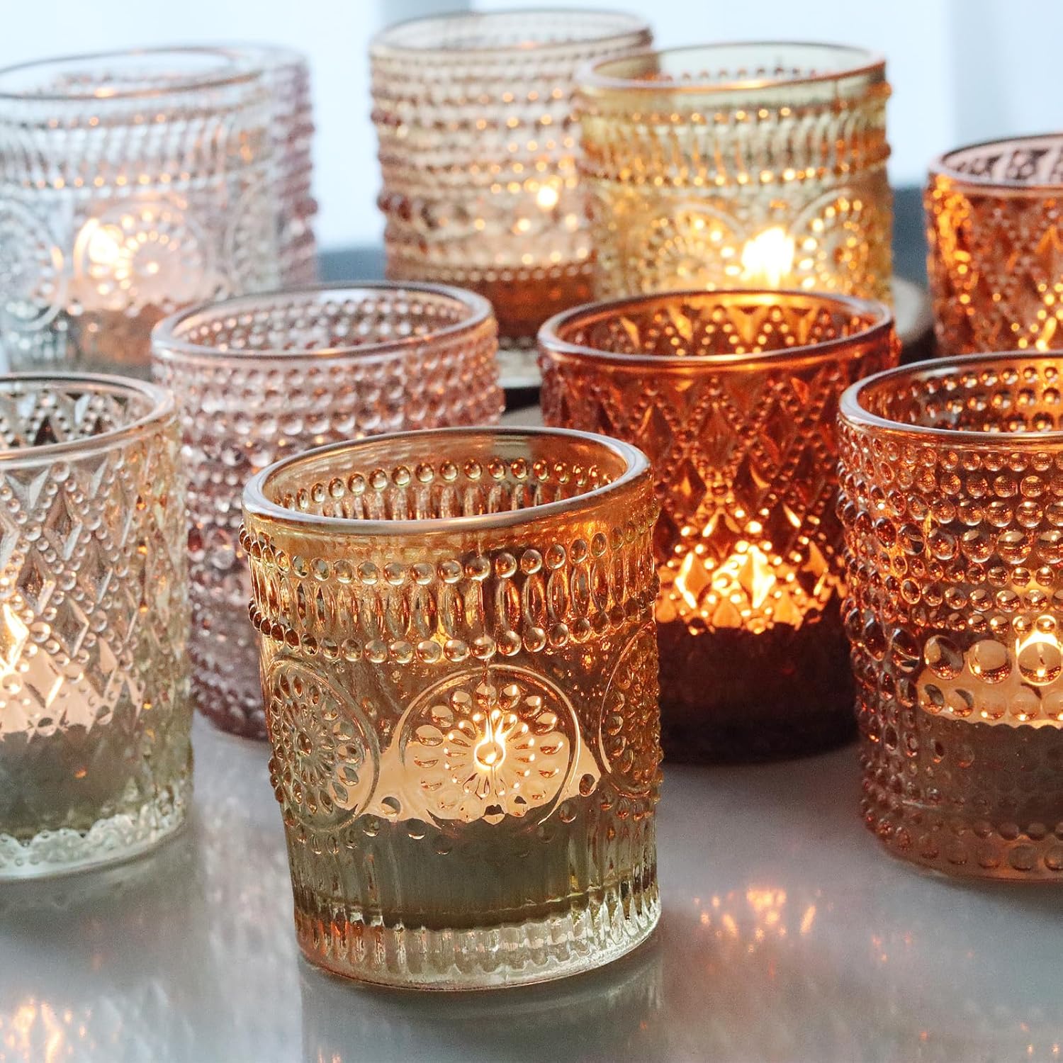 24 portavelas votivas de otoño, 6 colores, 3 patrones, portavelas para mesa de boda, centro de mesa, decoración de fiesta de cumpleaños