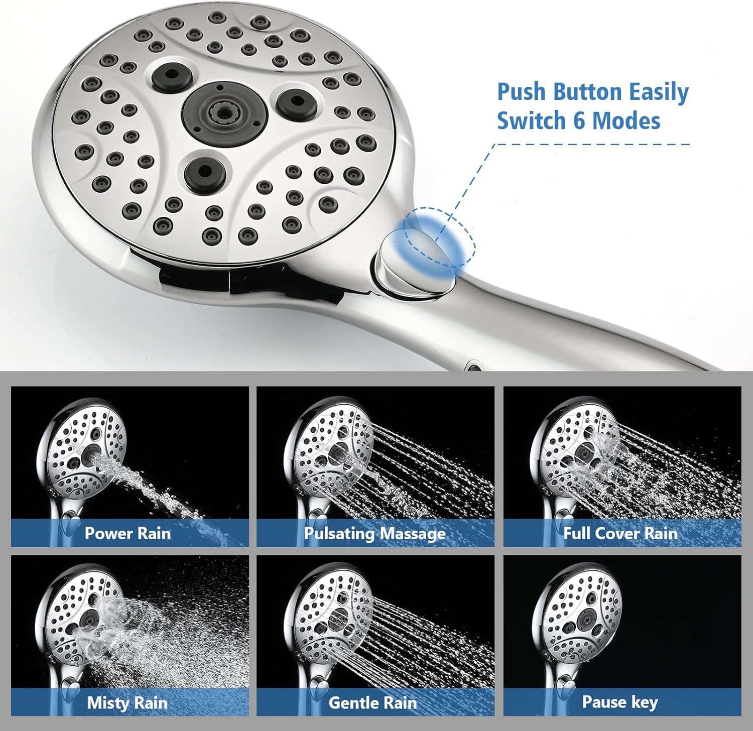 PROOX Boquilla desviadora de metal, 6 ajustes de ducha de mano con interruptor de pausa de encendidoapagado, barra deslizante ajustable, cromado