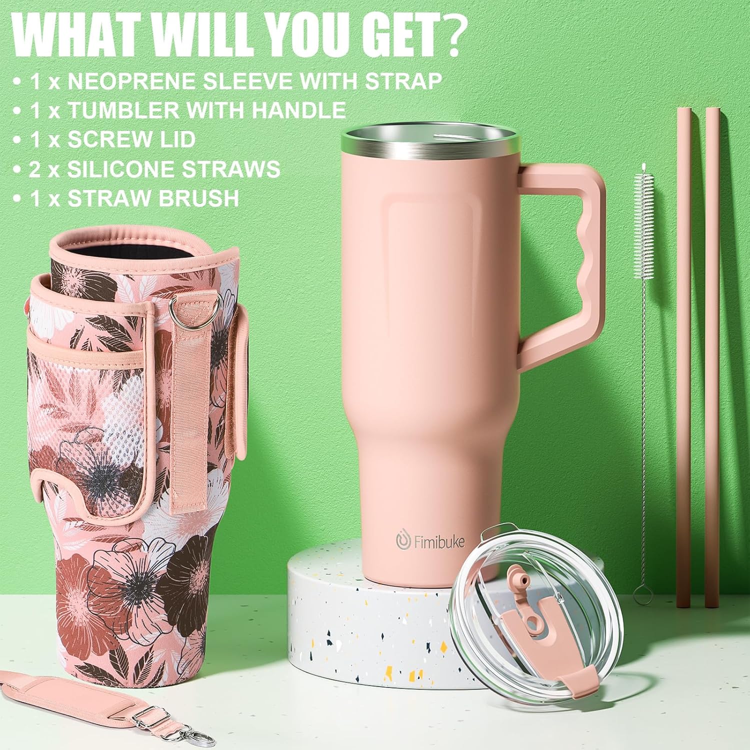 Fimibuke Vaso de 40 onzas con asa y bolsa de transporte, taza aislada de acero inoxidable con tapa, popote y bolsa para bolso, bolsillo para