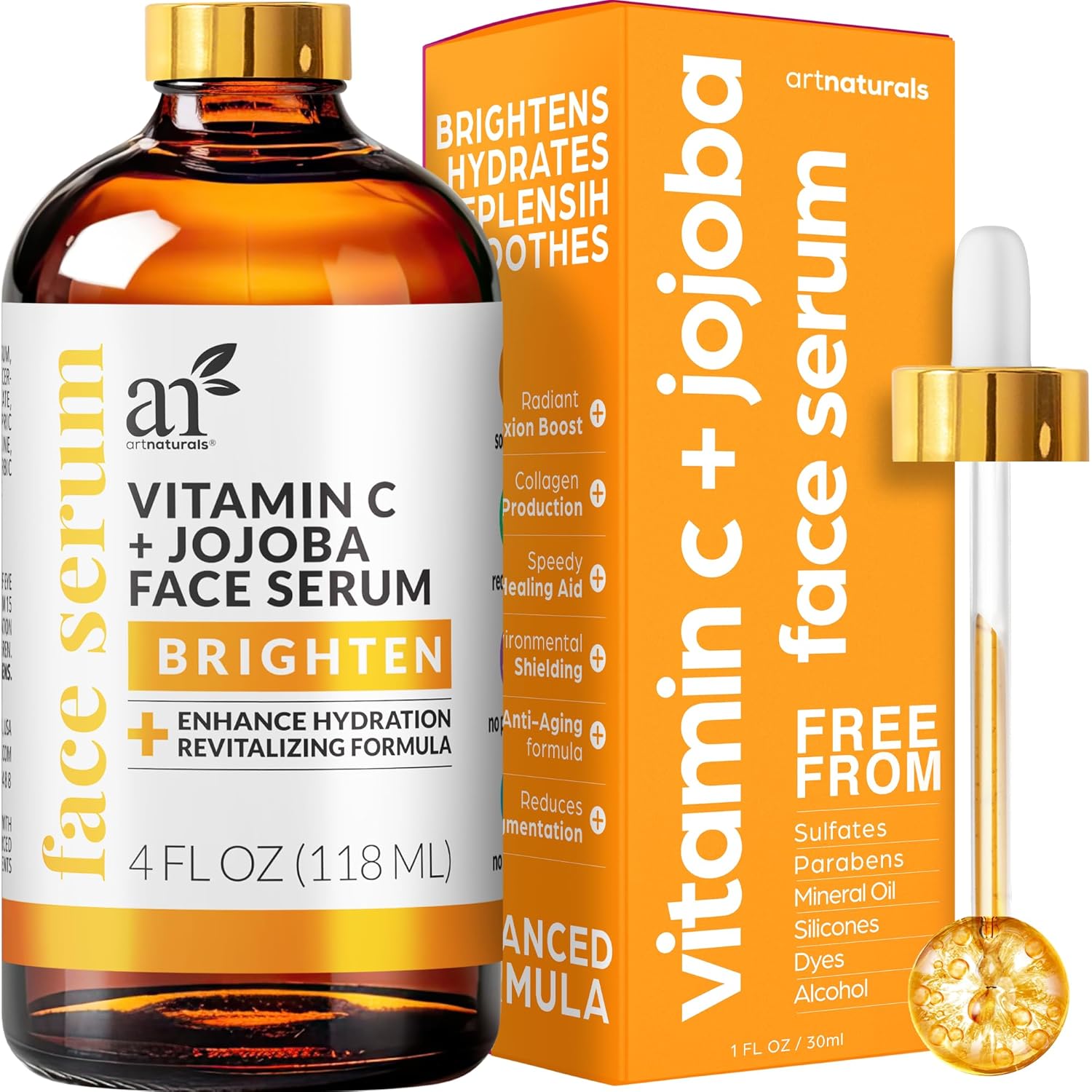 ArtNaturals Suero de vitamina C antienvejecimiento (4 onzas líquidas) con ácido hialurónico y vitamina E – Repara las arrugas ojeras, desvanece las