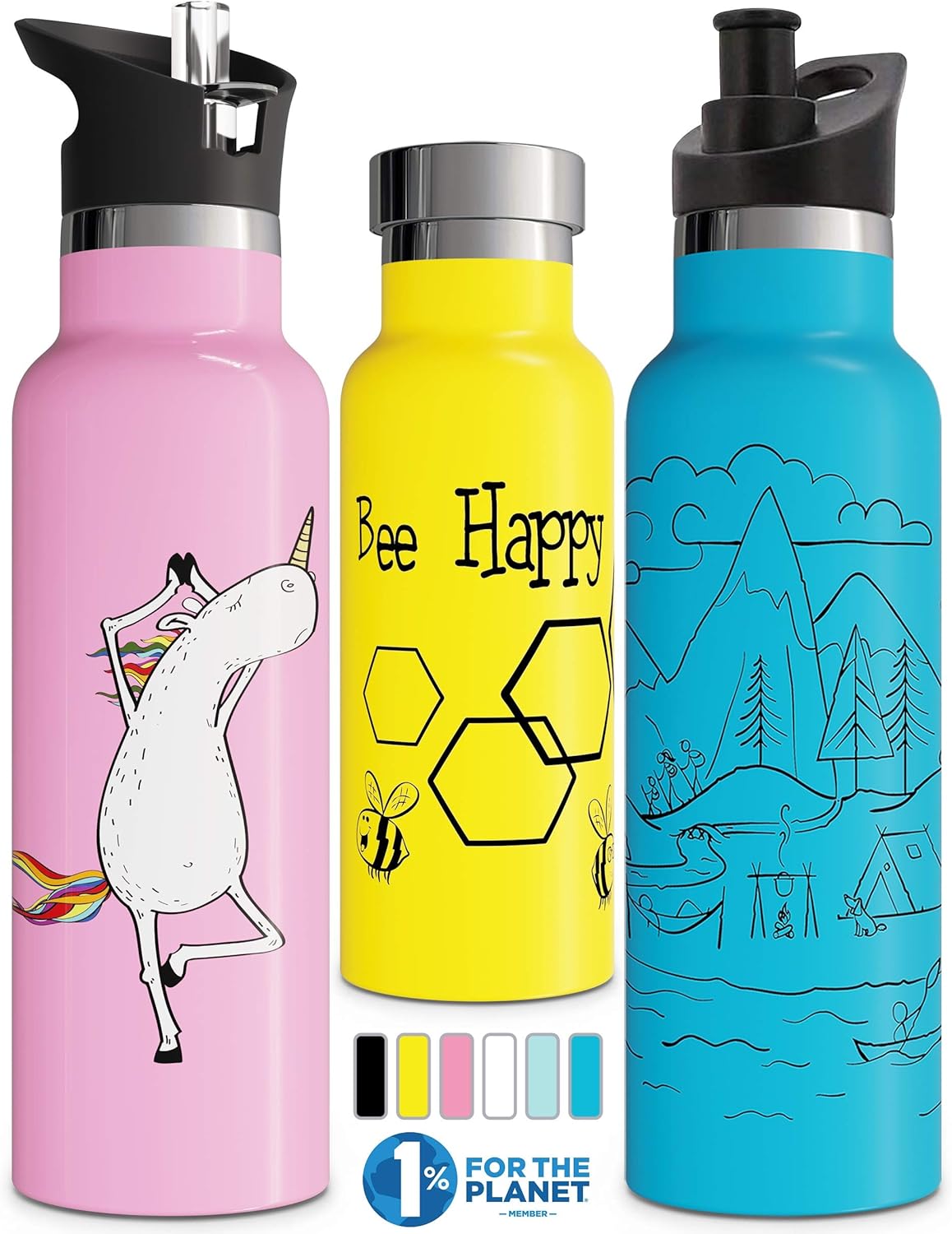 Botella de agua aislada al vacío de doble pared con tapa de pajilla y tapa deportiva, termo de acero inoxidable para niños simple, sin BPA,