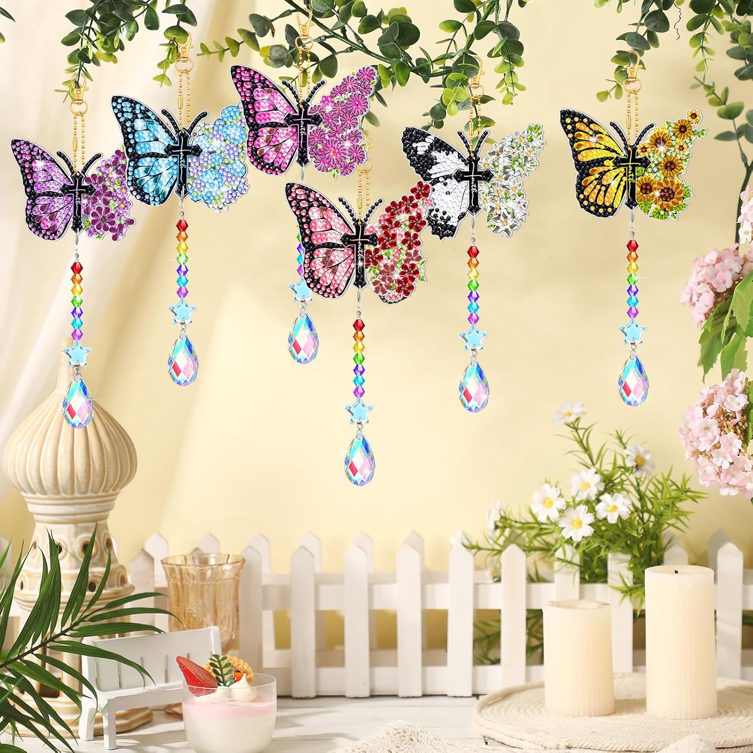 Tradder Juego de 6 piezas de pintura de diamante, carillones de viento, adornos de mariposa de doble cara con colgante de cristal, arte de diamantes