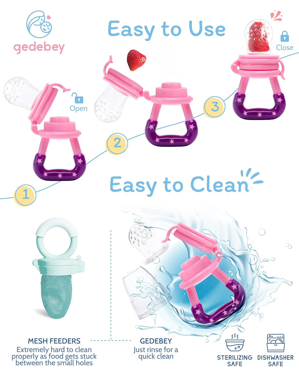 Chupete alimentador de frutas para bebés, paquete de 3, 1 chupete de silicona para bebés y 1 dispensador de cuchara de comida para bebés y 1 cuchara