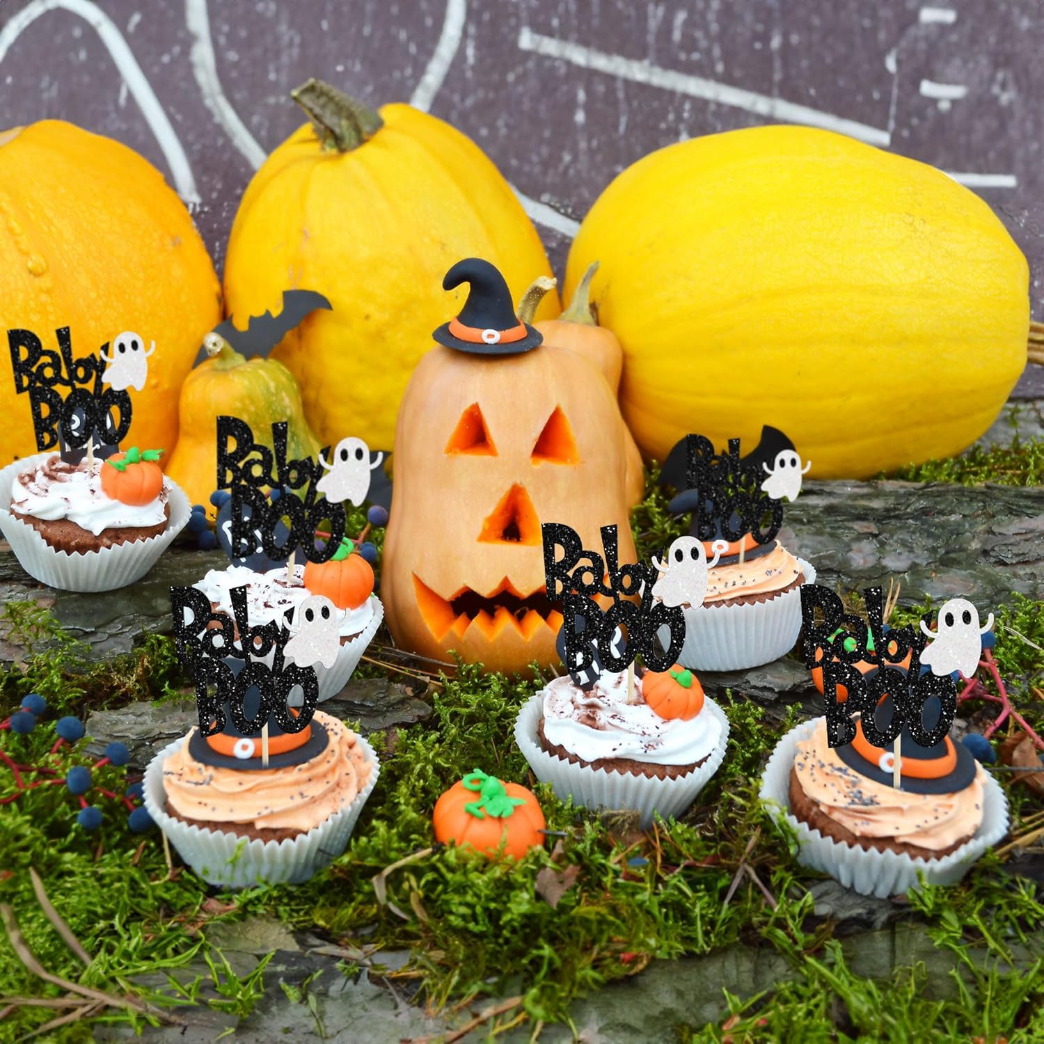 24 piezas de decoración para cupcakes Baby Boo con purpurina negra espeluznante y espeluznante para cupcakes de fantasmas para Halloween, baby