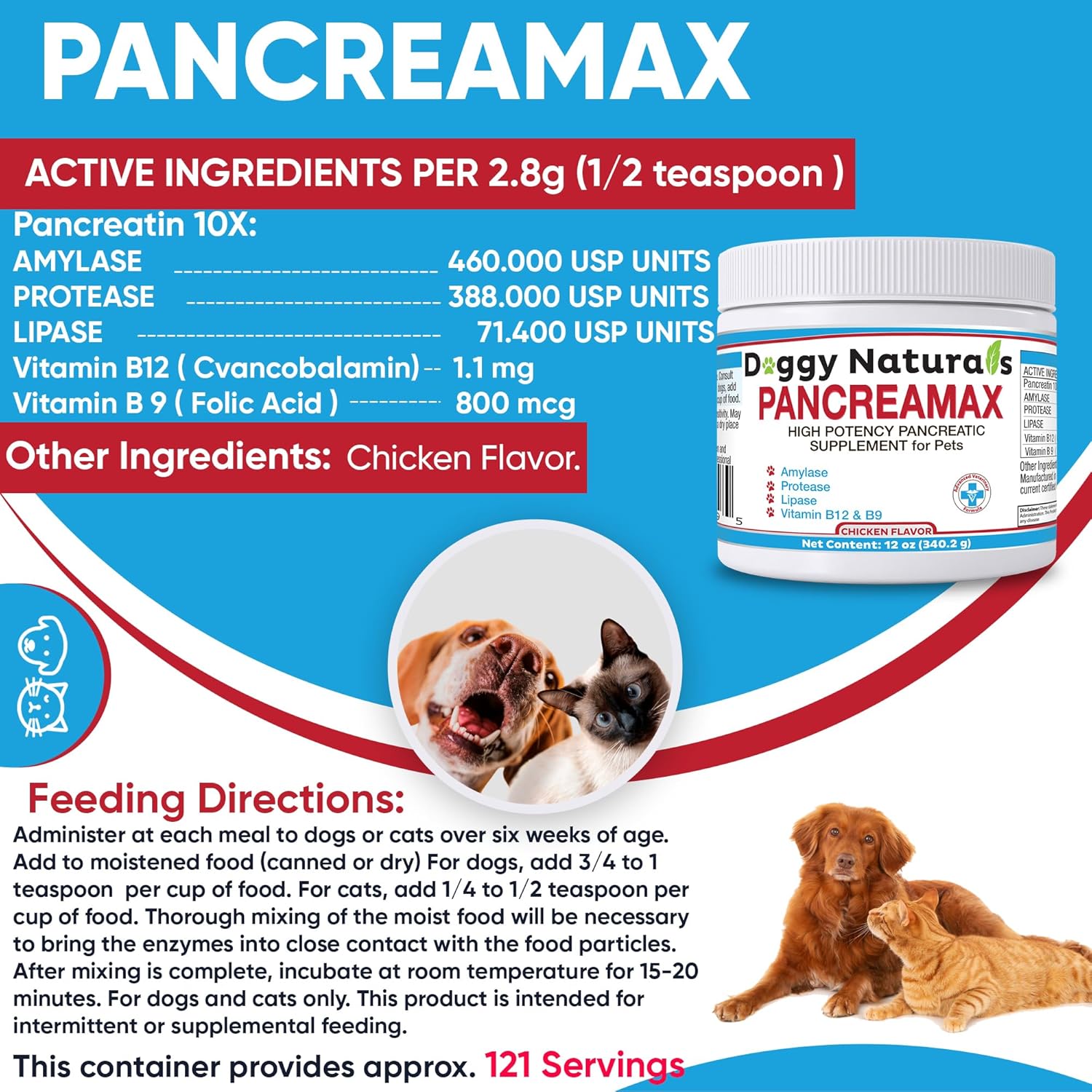 PancreaMax – 10 suplementos de enzimas digestivas pancreáticas para gatos y perros (12 onzas) en polvo (fabricado en Estados Unidos). 10 pancreatina