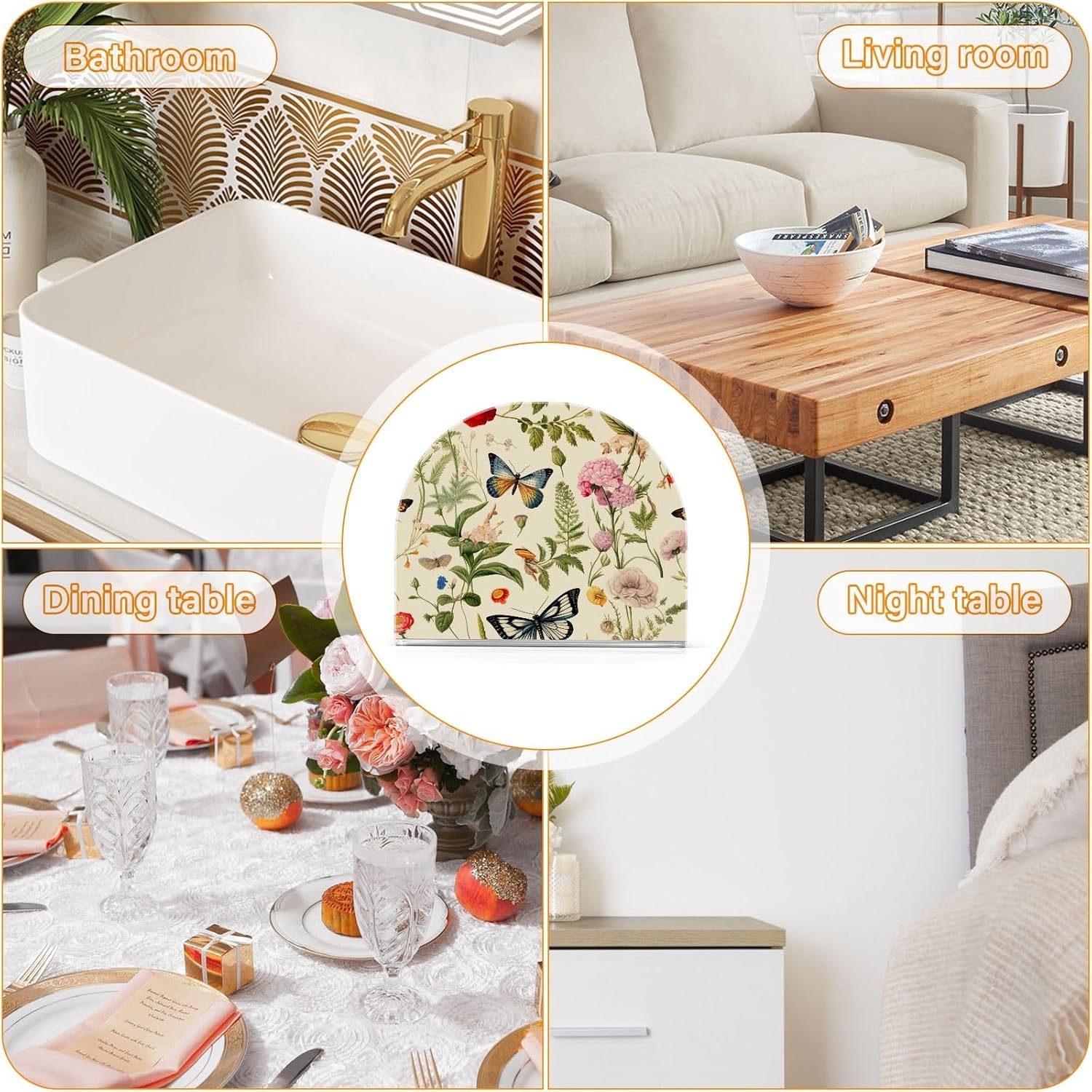 Servilletero de mesa de flores y mariposas, servilleteros acrílicos para baño, servilletero, soporte vertical para mesa y encimera de cocina