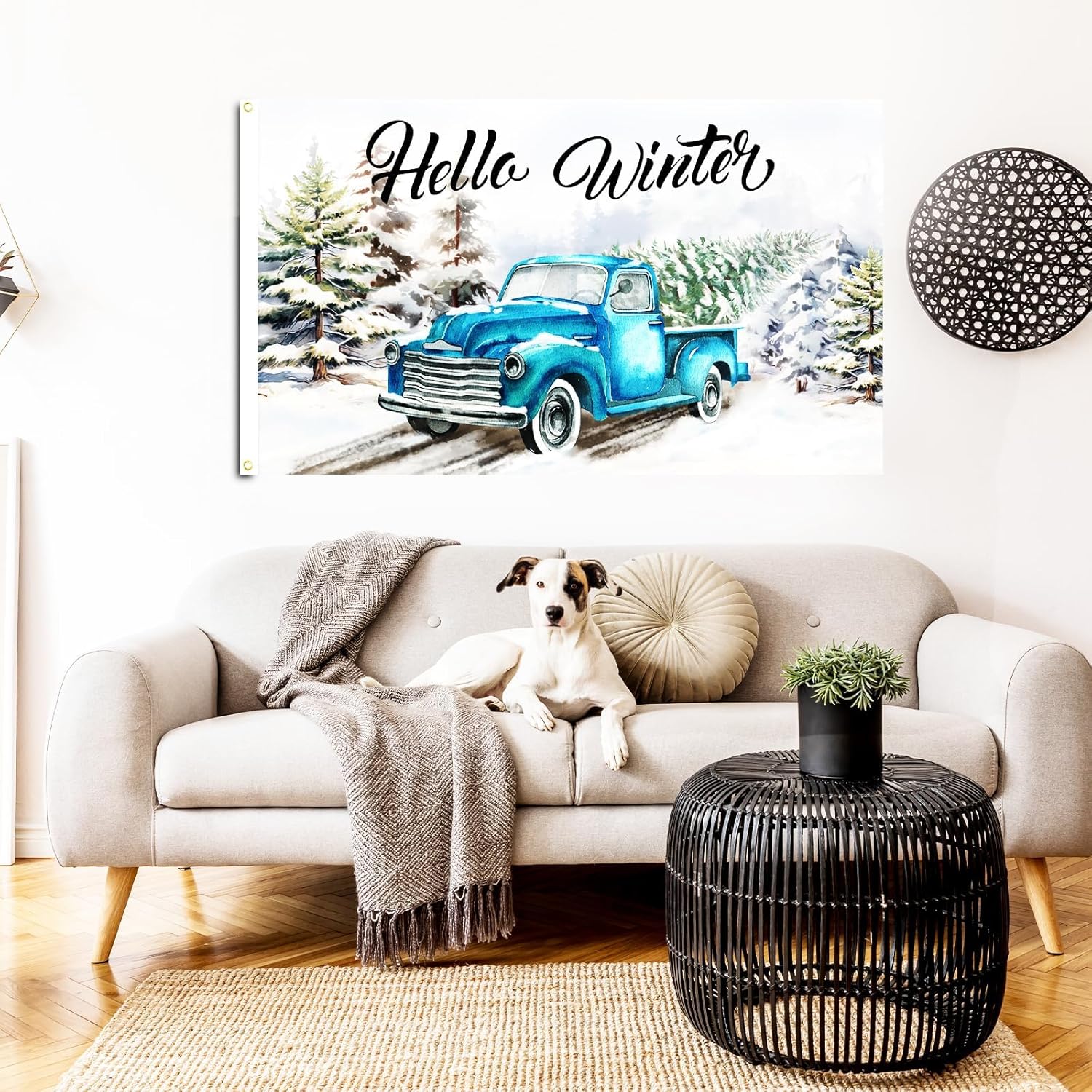 Bandera de jardín con texto en inglés Hello Winter Truck, piña, de bienvenida, Navidad, copos de nieve, decoración al aire libre, doble cara, 3 x 5