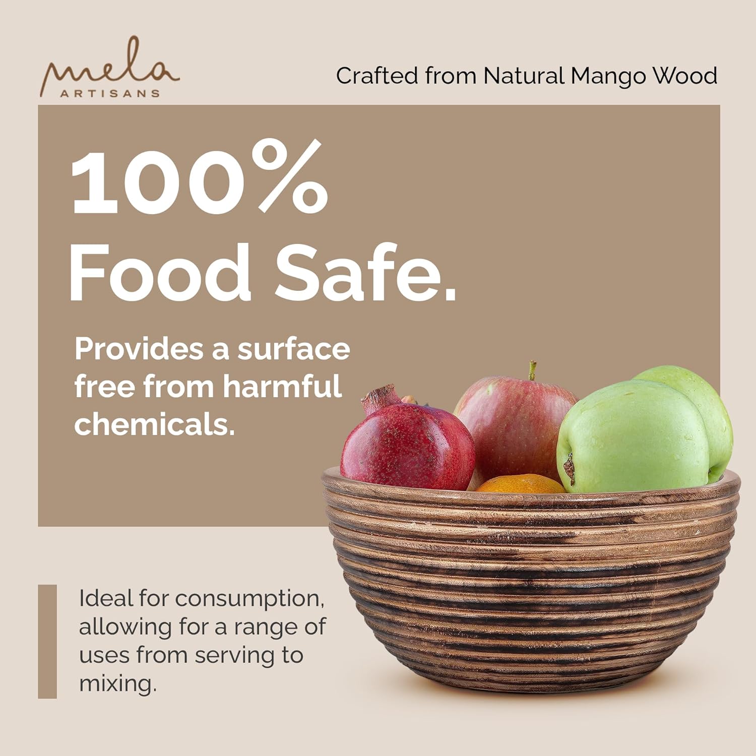 Mela Artisans Frutero de madera de 9 pulgadas, cuenco regular para ensaladas, cereales, aperitivos y mezcla, cuencos decorativos para cocina