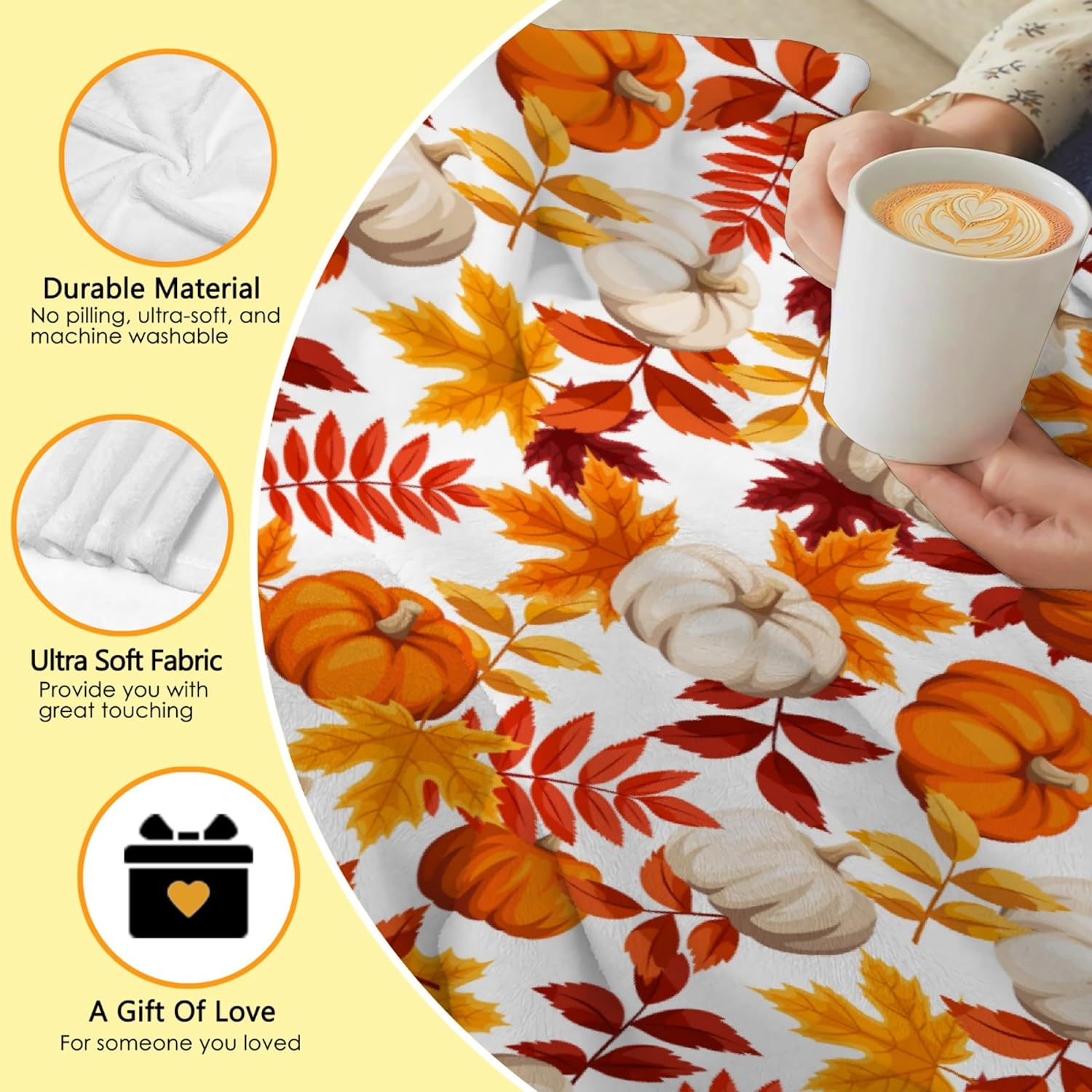 Manta de otoño  Manta de otoño con hojas de arce y calabaza, regalo de decoración de otoño de Acción de Gracias, ultra afelpada, acogedora, ligera,