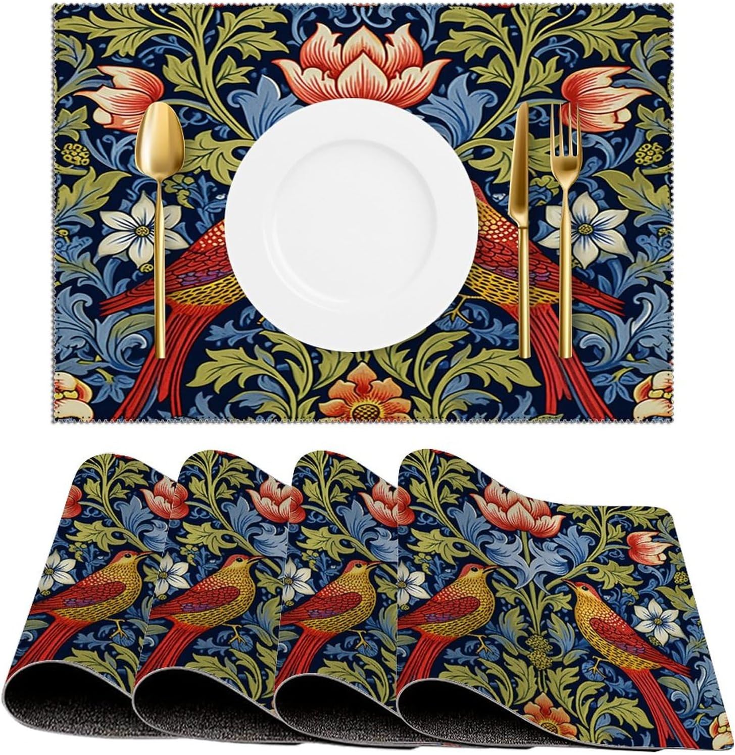 Juego de 4 manteles individuales coloridos de color azul floral rojo pájaro mantel individual resistente al calor, resistente a las manchas,