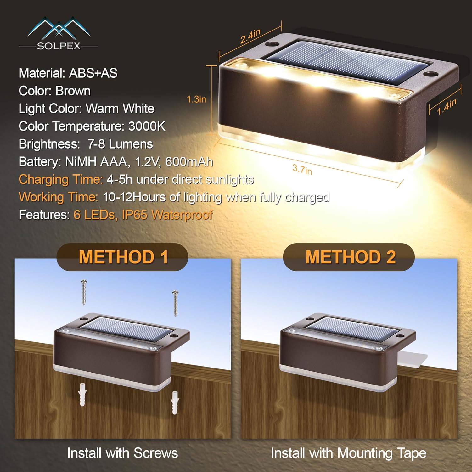 SOLPEX Paquete de 4 luces solares para terraza, luces solares para exteriores, IP65, impermeables, alimentadas por energía solar, luces LED para