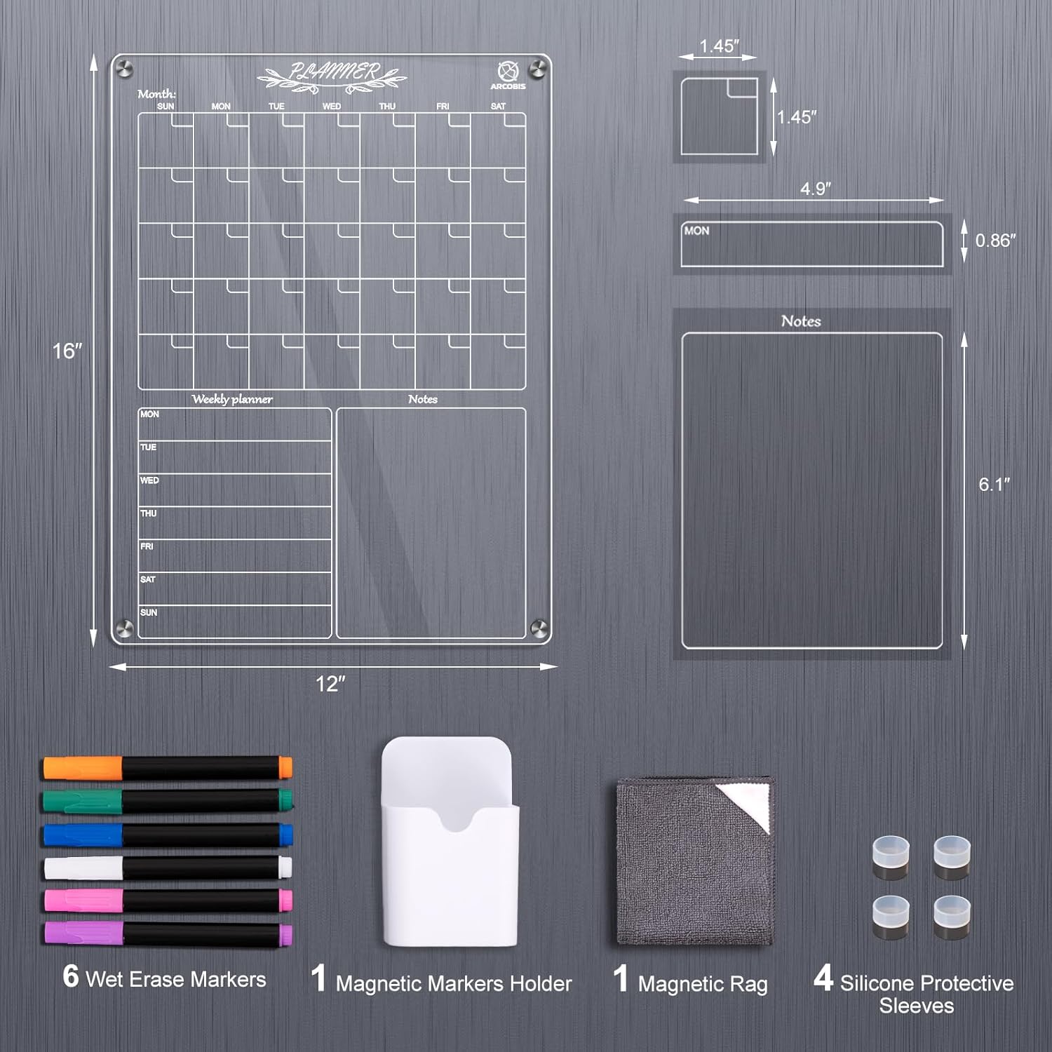 ARCOBIS Calendario acrílico magnético para refrigerador, calendario mensual y semanal transparente de 12 x 16 pulgadas con 6 marcadores, 1 soporte