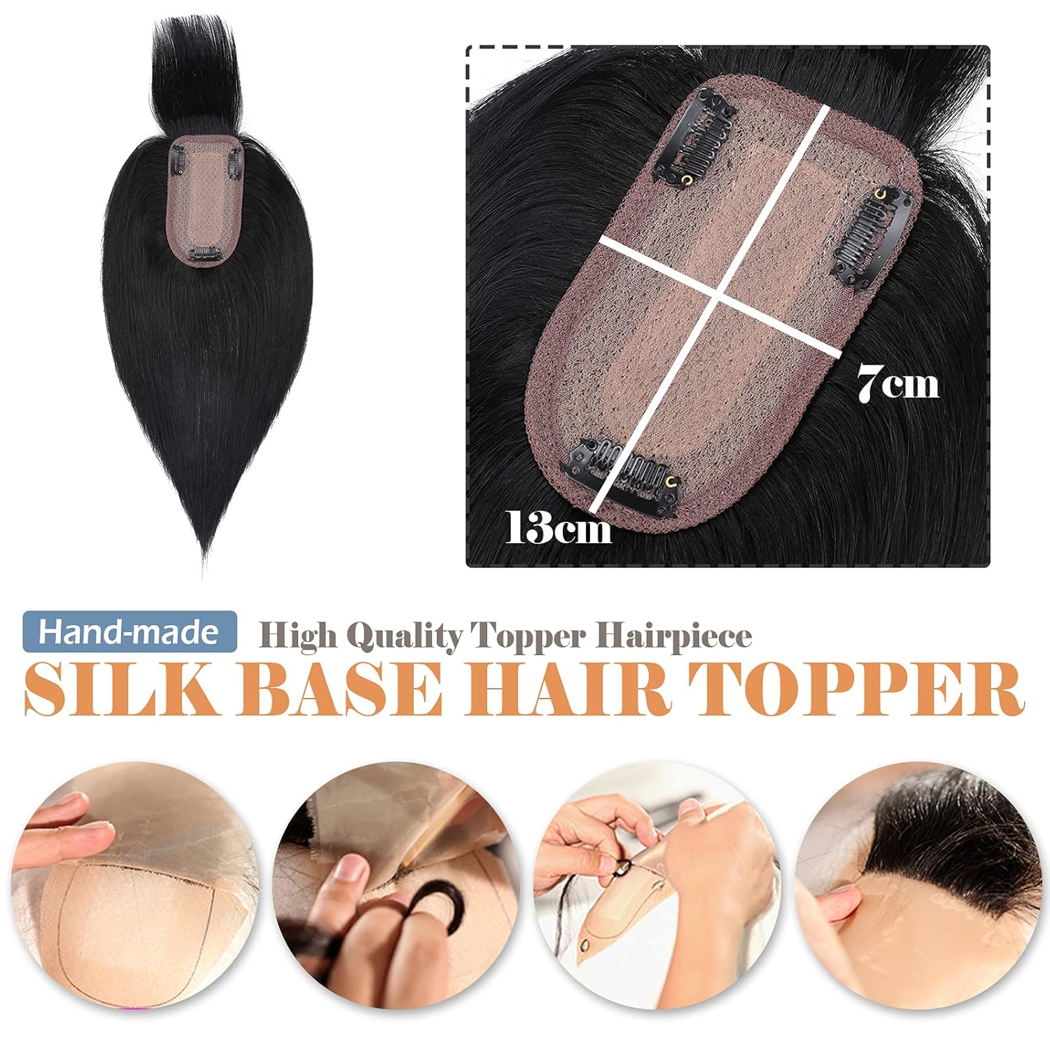 Toppers de cabello humano con flequillo, base de seda, extensiones de cabello con clip en la parte superior, extensiones de cabello de repuesto con