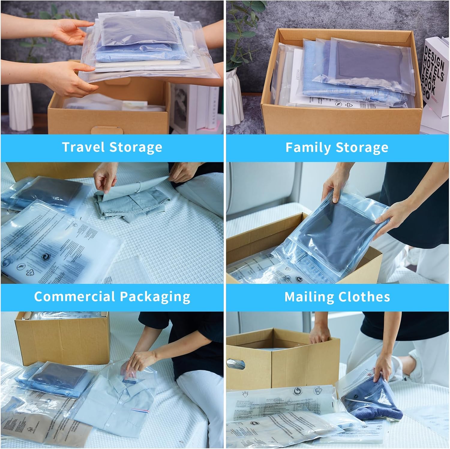 Bolsas de ropa de 12 x 16 pulgadas (5 mil), 50 bolsas transparentes con cremallera con advertencia de asfixia, bolsas de polietileno para empaquetar
