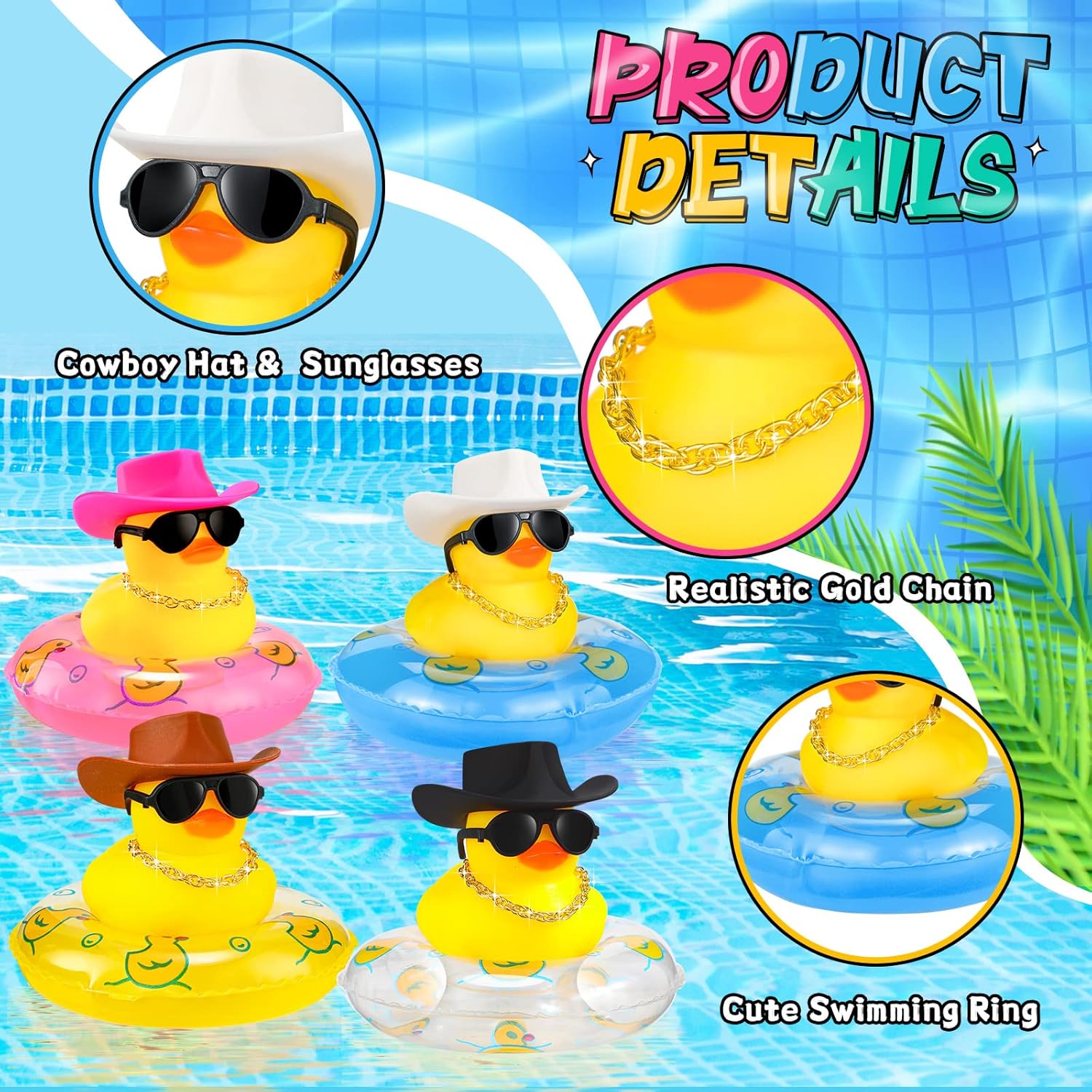 Sosation Pato de goma vaquero a granel, mini auto de patitos amarillos, juguetes de baño, recuerdo de fiesta con mini sombrero, collar de círculo de