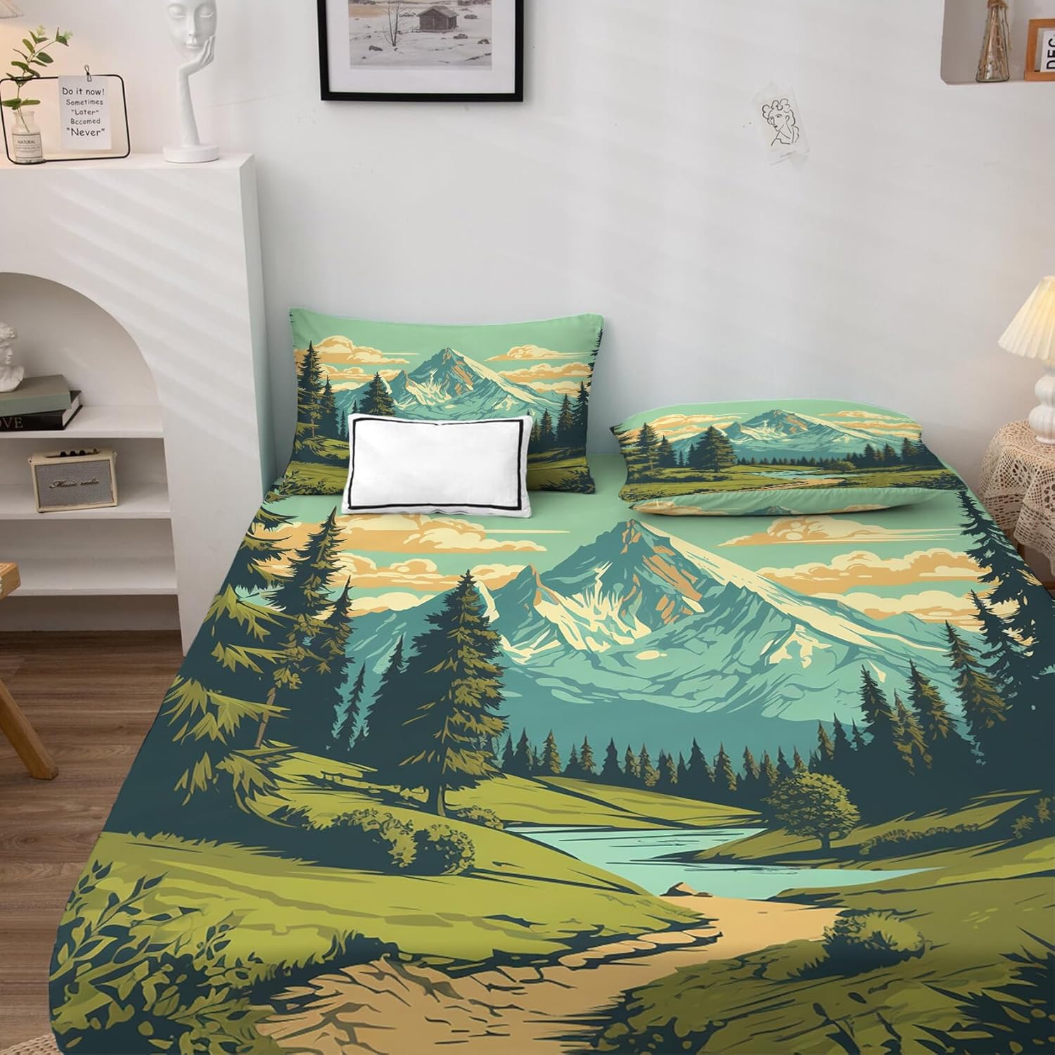 Nature Sheets – Juego de sábanas de 4 piezas con patrón de paisaje de montaña, sábanas y fundas de almohada estampadas, sábana bajera ajustable de