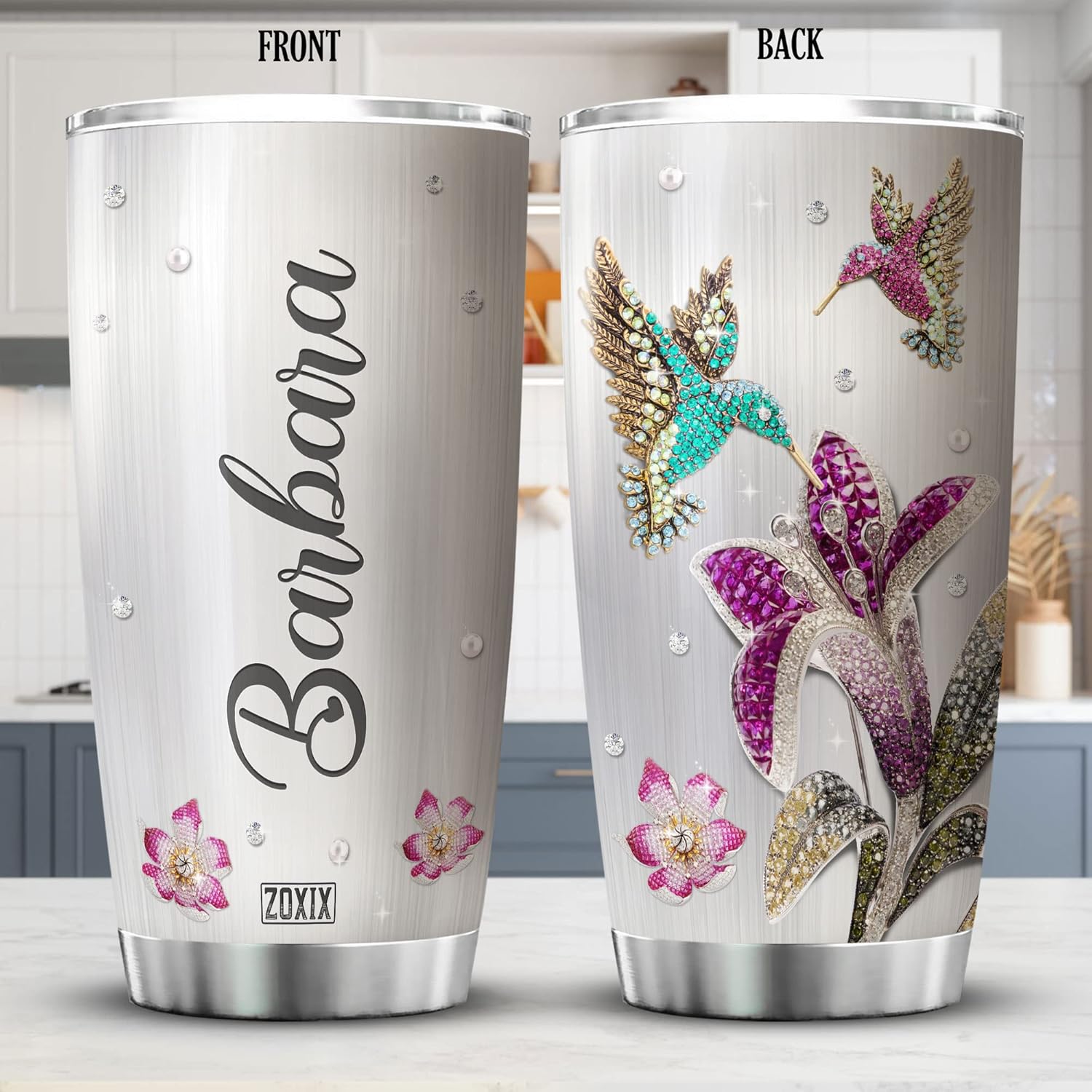 ZOXIX Vaso de colibrí personalizado con nombre, 20 onzas, estilo de joyería, floral, animal, pájaro, taza de café con tapa, regalo de cumpleaños de