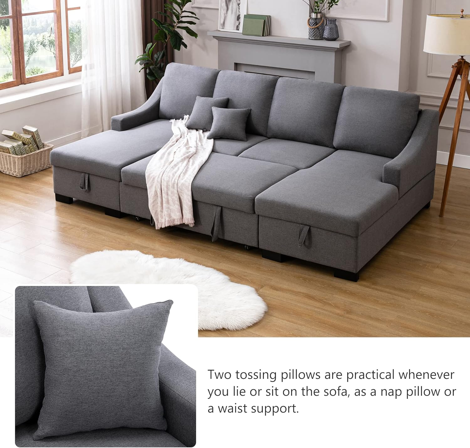 LIADTOP 2 cojines y espacios de almacenamiento dobles, cama extraíble, sofá seccional tapizado para sala de estar, apartamento, hogar y oficina,