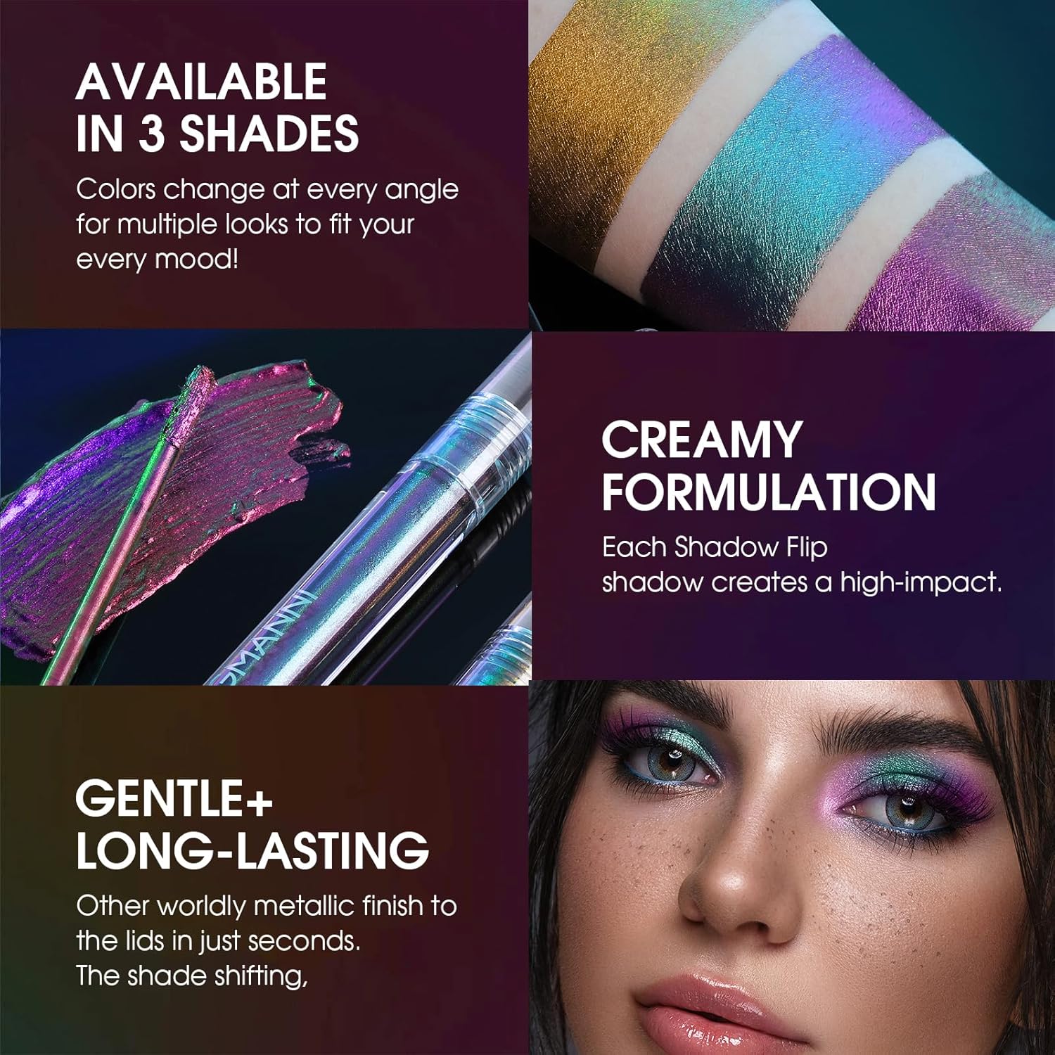 Jolilab Sombra de ojos de camaleón líquida metálica, aspecto de ojos multidimensional, maquillaje holográfico de larga duración con purpurina