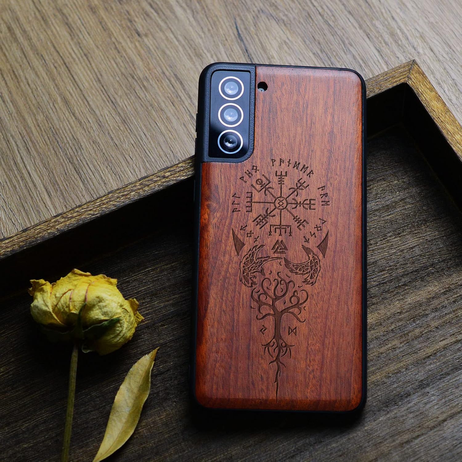 Carveit Funda de madera para Galaxy S21 FE madera real dura y TPU suave a prueba de golpes, funda protectora única y elegante de madera compatible